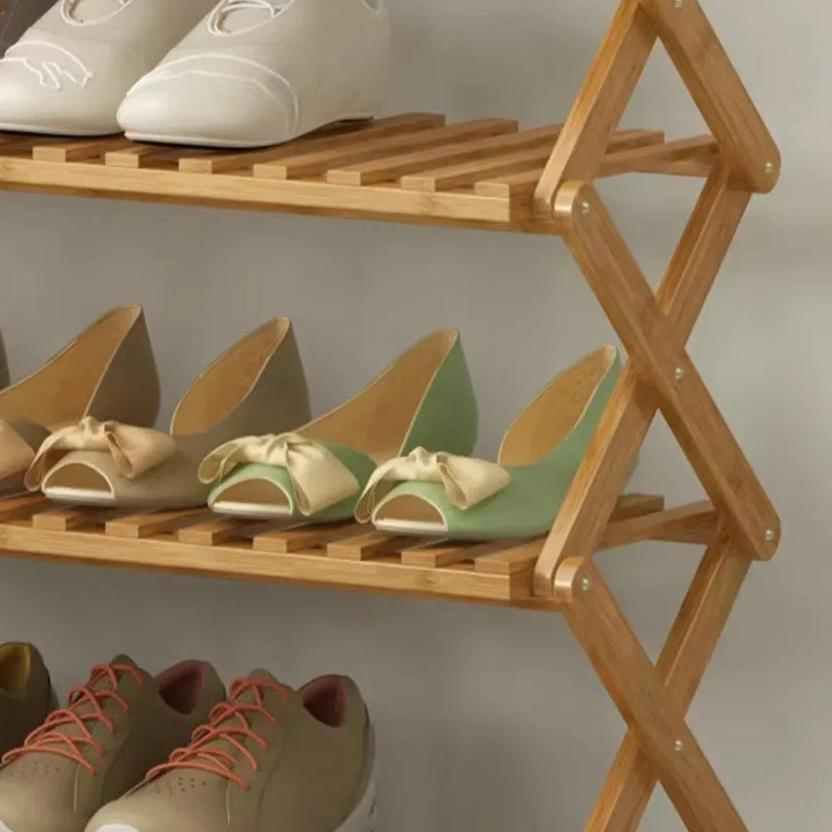 6 Tier Folding Bamboo Shoe Rack 68cm Space Saving Shoe Storage Organiser Shelf