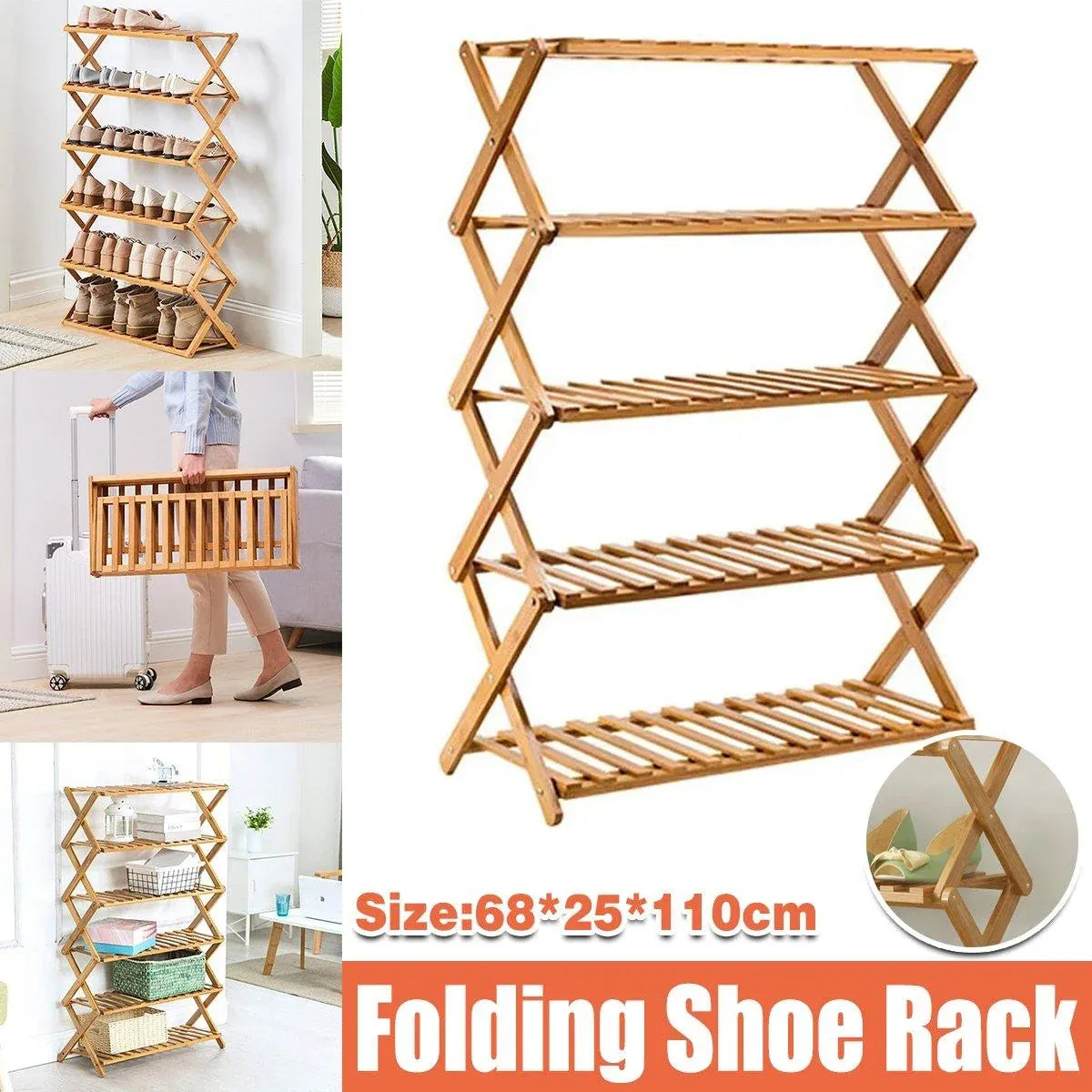 6 Tier Folding Bamboo Shoe Rack 68cm Space Saving Shoe Storage Organiser Shelf