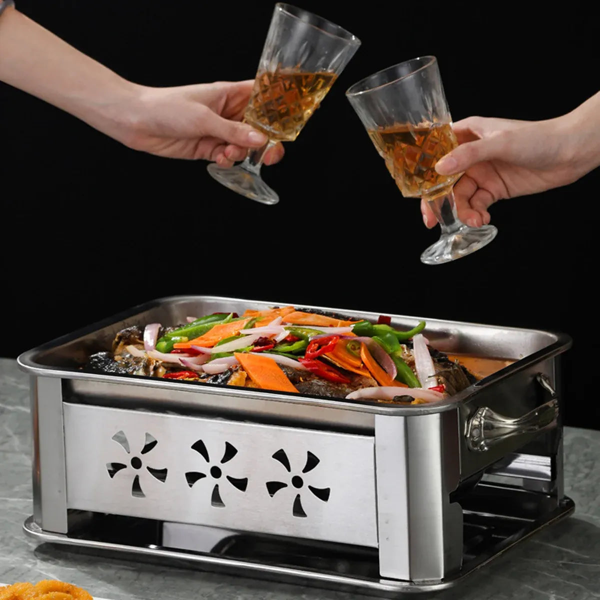 Stainless Steel Fish Grill Barbecue Pan with Dual Fuel Heating Trays