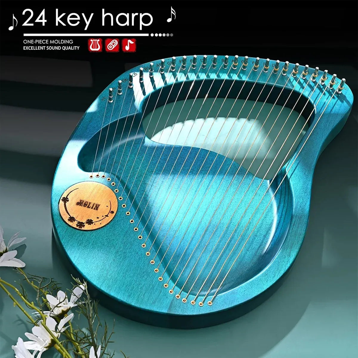 Solid Wood Veneer Laiya 24-String Harp Basic Model Beginner Music Instrument - Emerald Green