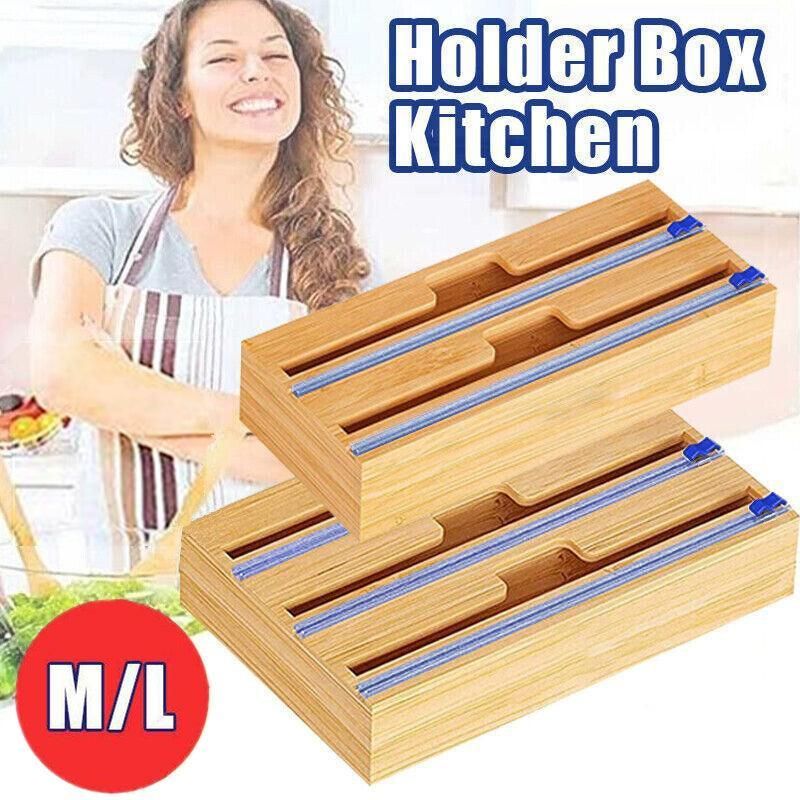 Bamboo Food Wrap Dispenser Cutter Foil Cling Film Storage Holder Box Kitchen Au - M