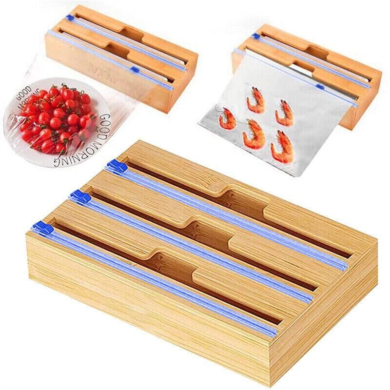 Bamboo Food Wrap Dispenser Cutter Foil Cling Film Storage Holder Box Kitchen Au - M