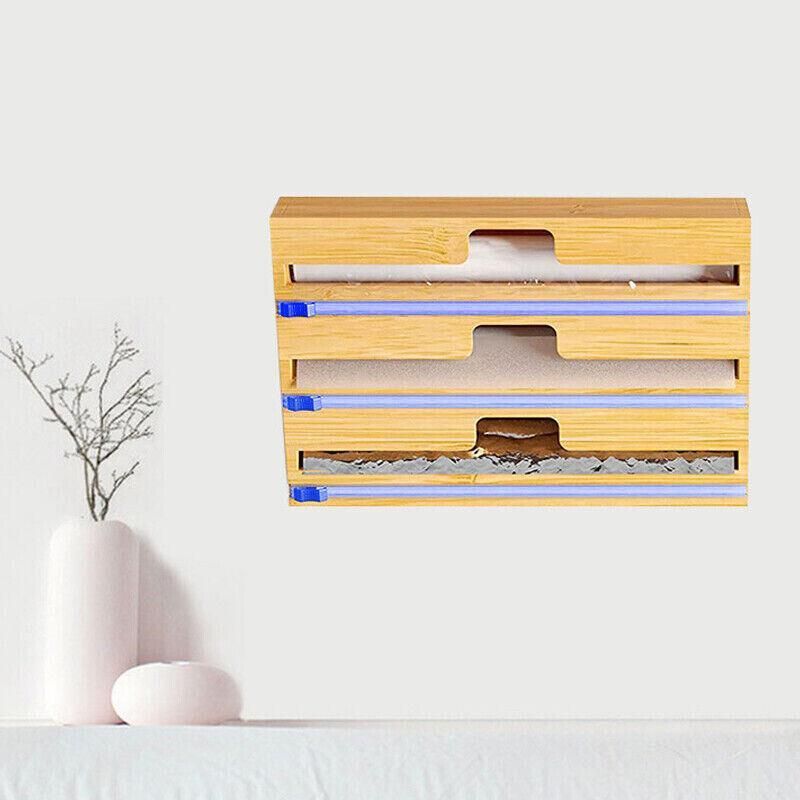 Bamboo Food Wrap Dispenser Cutter Foil Cling Film Storage Holder Box Kitchen Au - M
