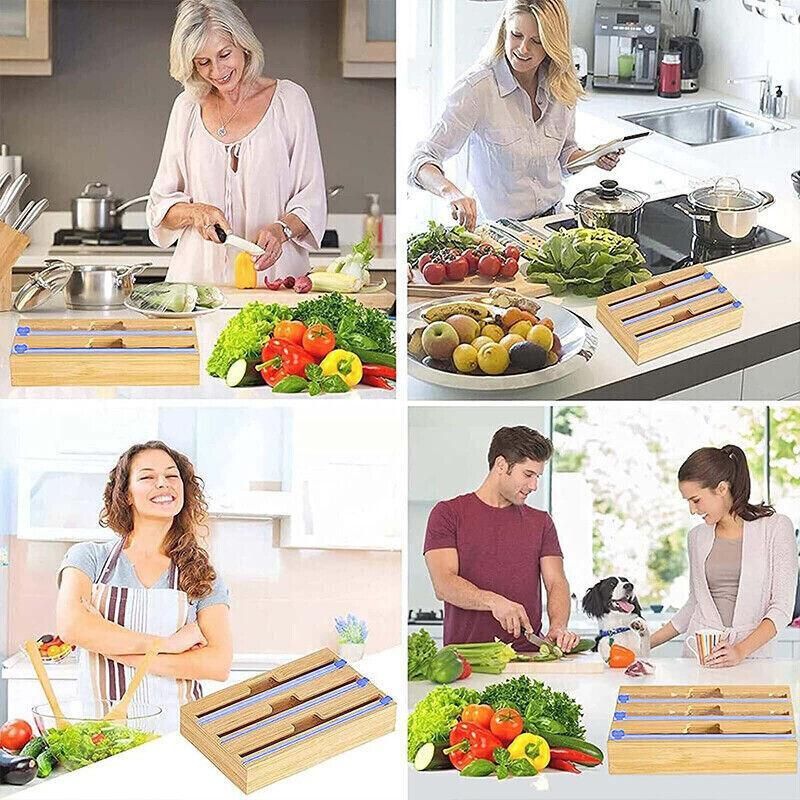 Bamboo Food Wrap Dispenser Cutter Foil Cling Film Storage Holder Box Kitchen Au - M