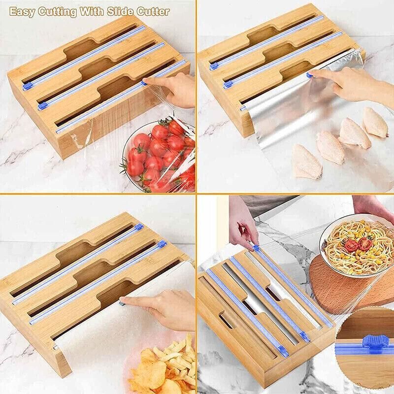 Bamboo Food Wrap Dispenser Cutter Foil Cling Film Storage Holder Box Kitchen Au - M