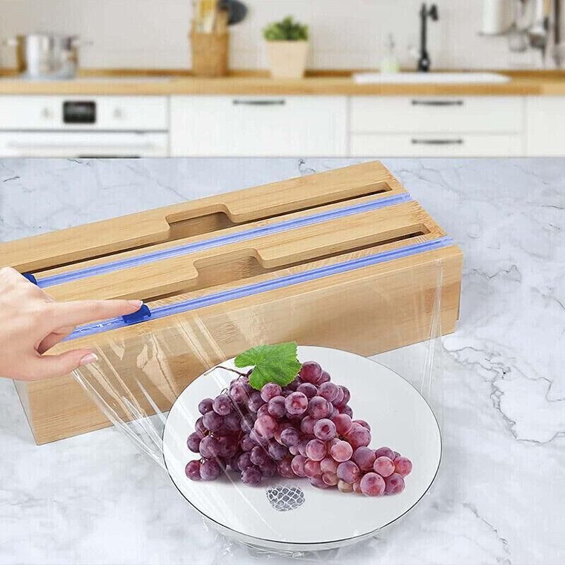 Bamboo Food Wrap Dispenser Cutter Foil Cling Film Storage Holder Box Kitchen Au - M