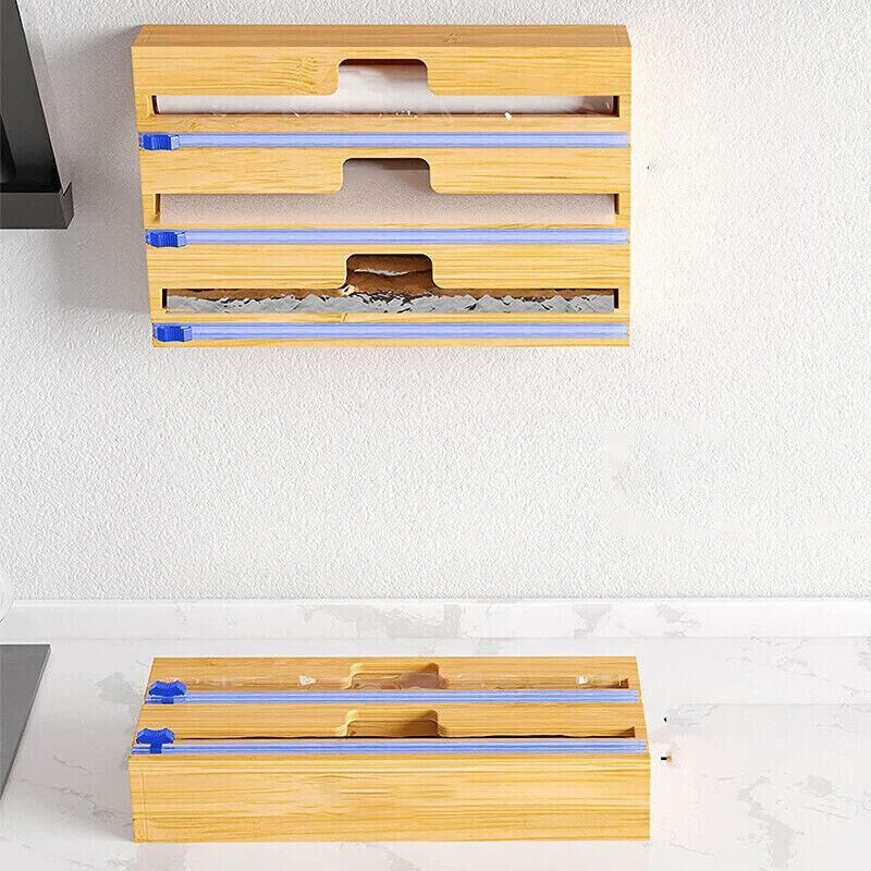 Bamboo Food Wrap Dispenser Cutter Foil Cling Film Storage Holder Box Kitchen Au - M