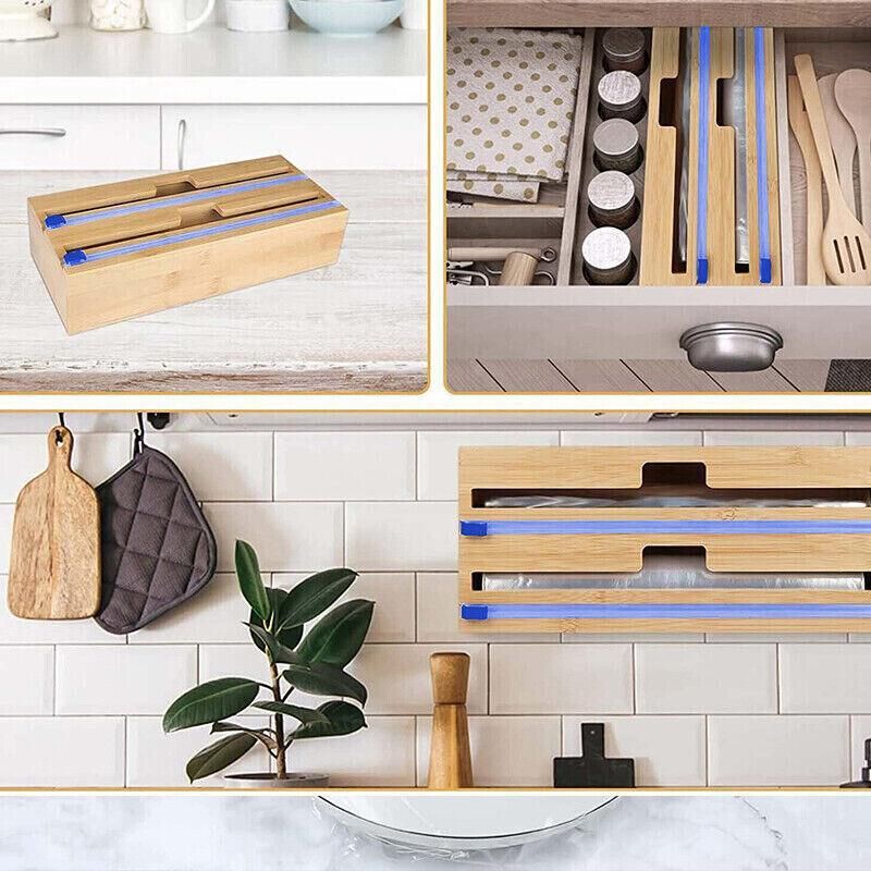 Bamboo Food Wrap Dispenser Cutter Foil Cling Film Storage Holder Box Kitchen Au - M