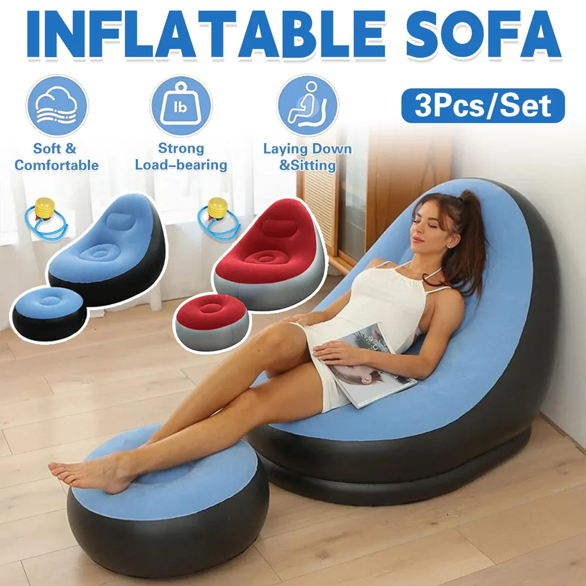 Inflatable Folding Lazy Sofa Chair PVC Air Recliner With Pump Backrest Seat Bed - Red