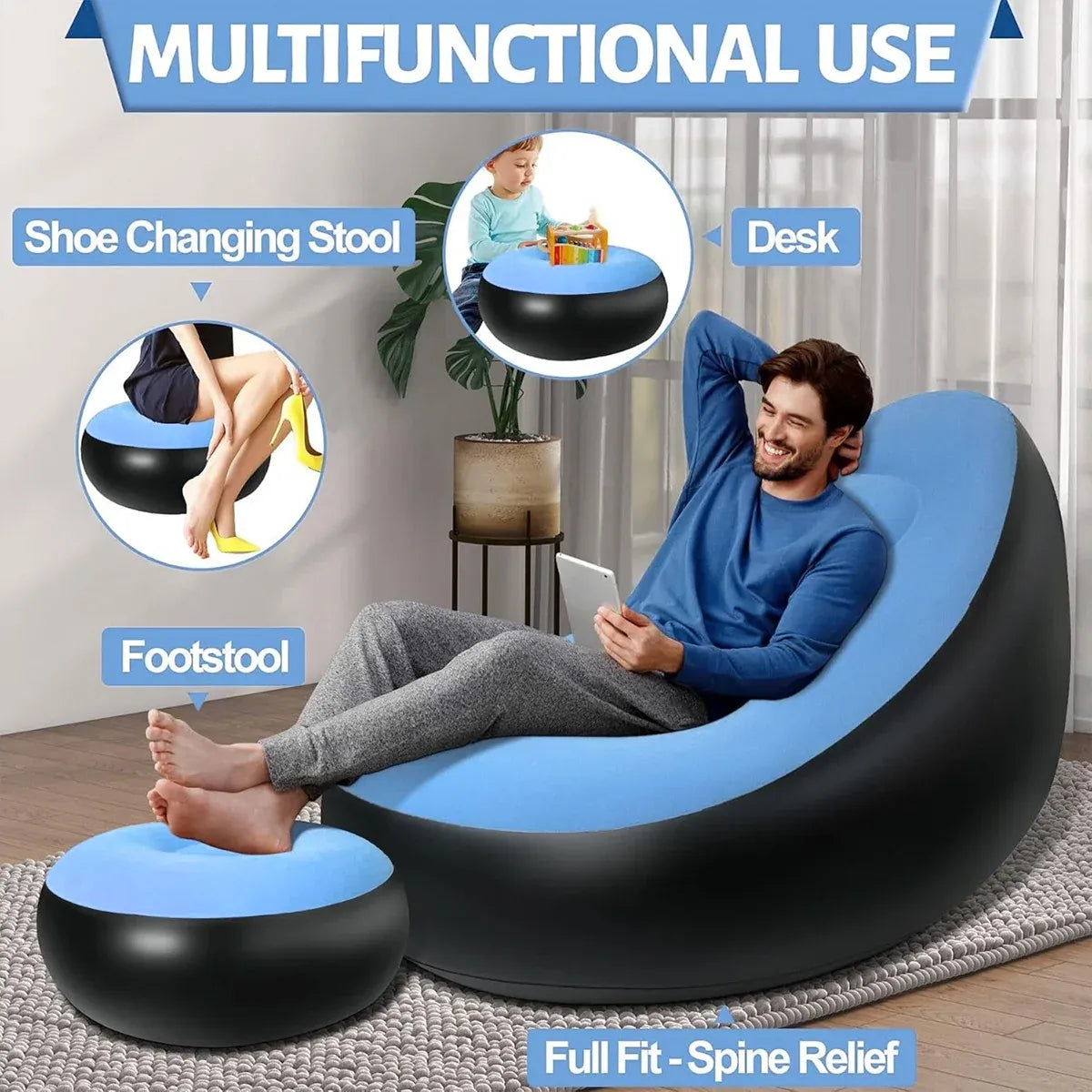 Inflatable Folding Lazy Sofa Chair PVC Air Recliner With Pump Backrest Seat Bed - Red