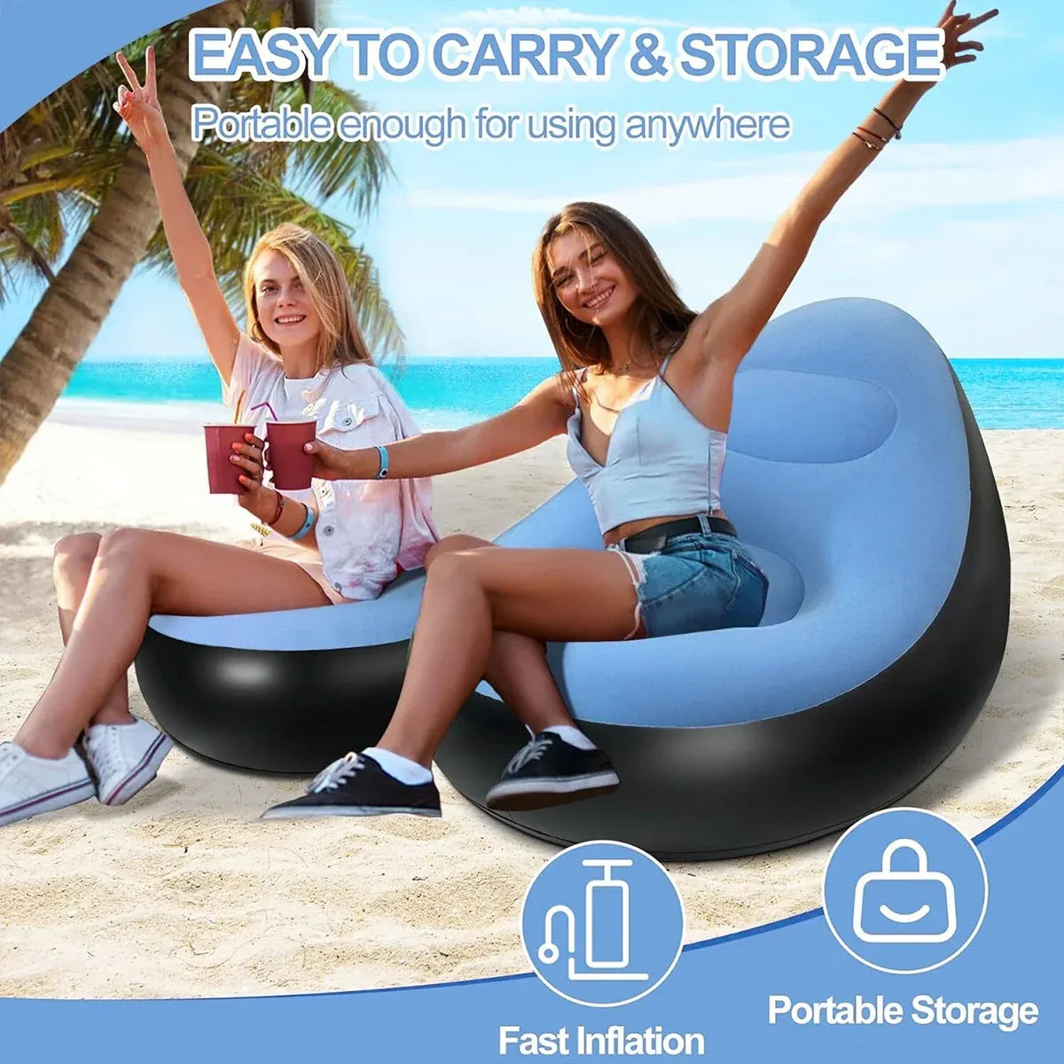Inflatable Folding Lazy Sofa Chair PVC Air Recliner With Pump Backrest Seat Bed - Red