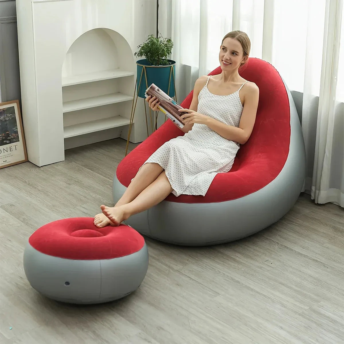 Inflatable Folding Lazy Sofa Chair PVC Air Recliner With Pump Backrest Seat Bed - Red