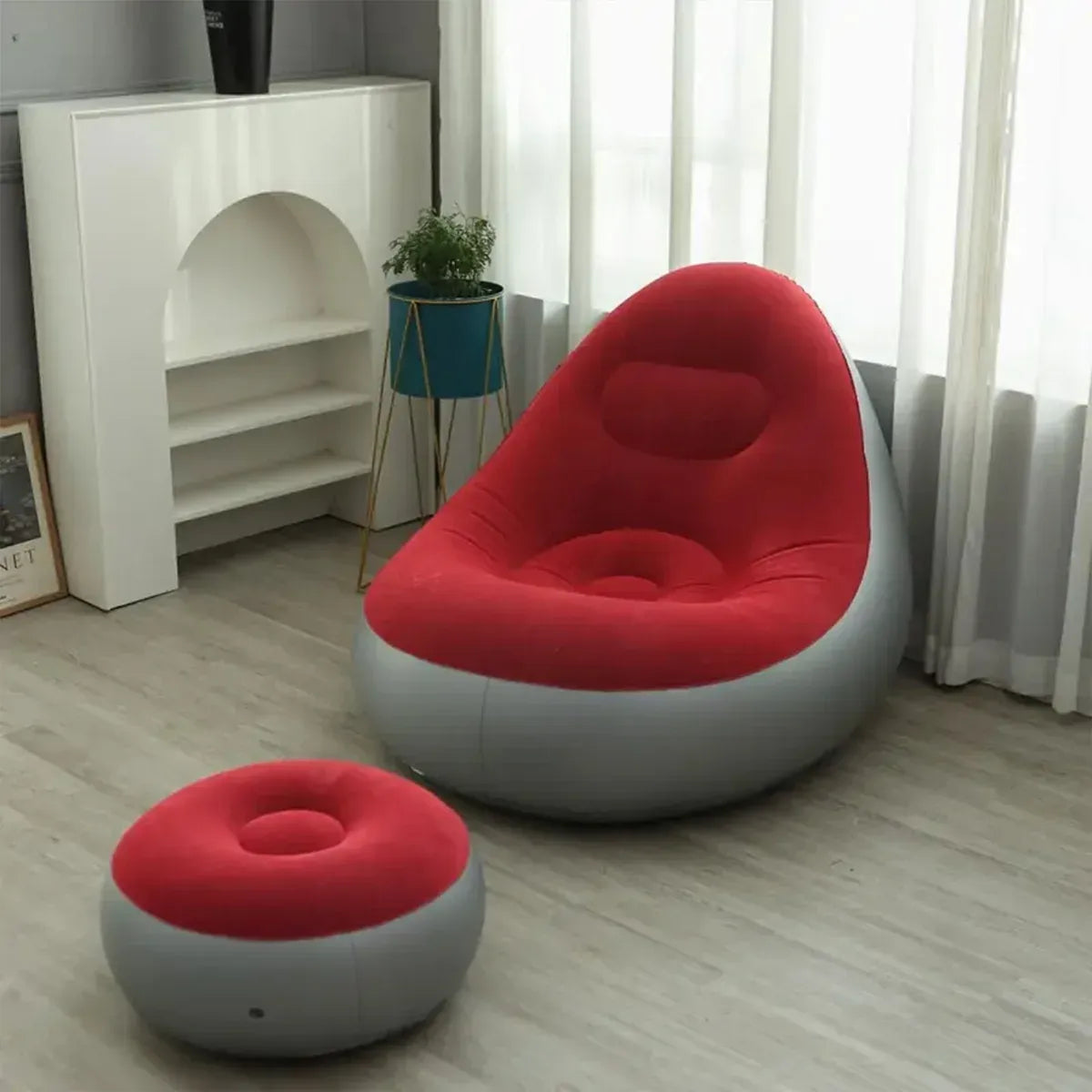 Inflatable Folding Lazy Sofa Chair PVC Air Recliner With Pump Backrest Seat Bed - Red