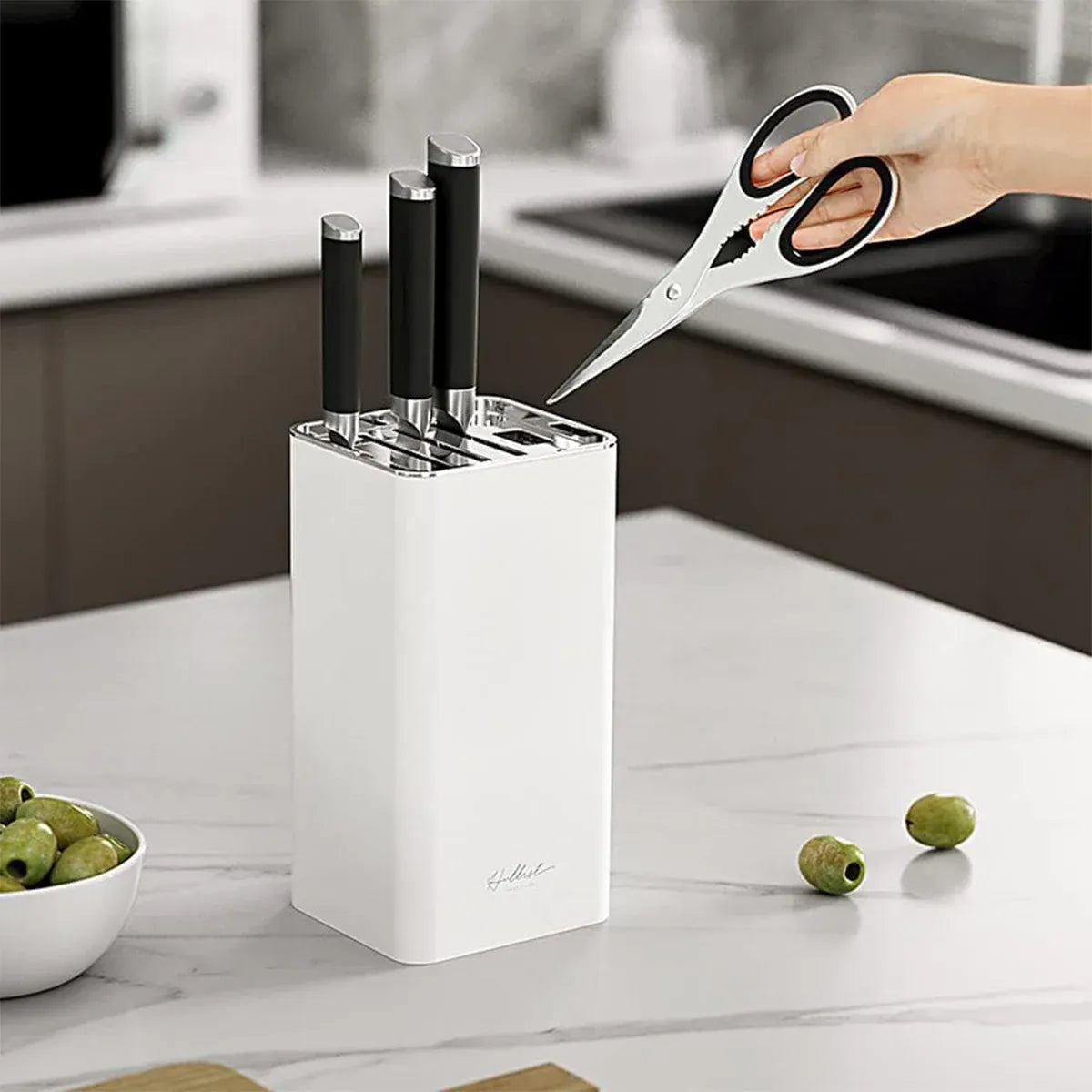 White Kitchen Knife Block Holder with Scissor Slot, Benchtop Knife Storage Rack