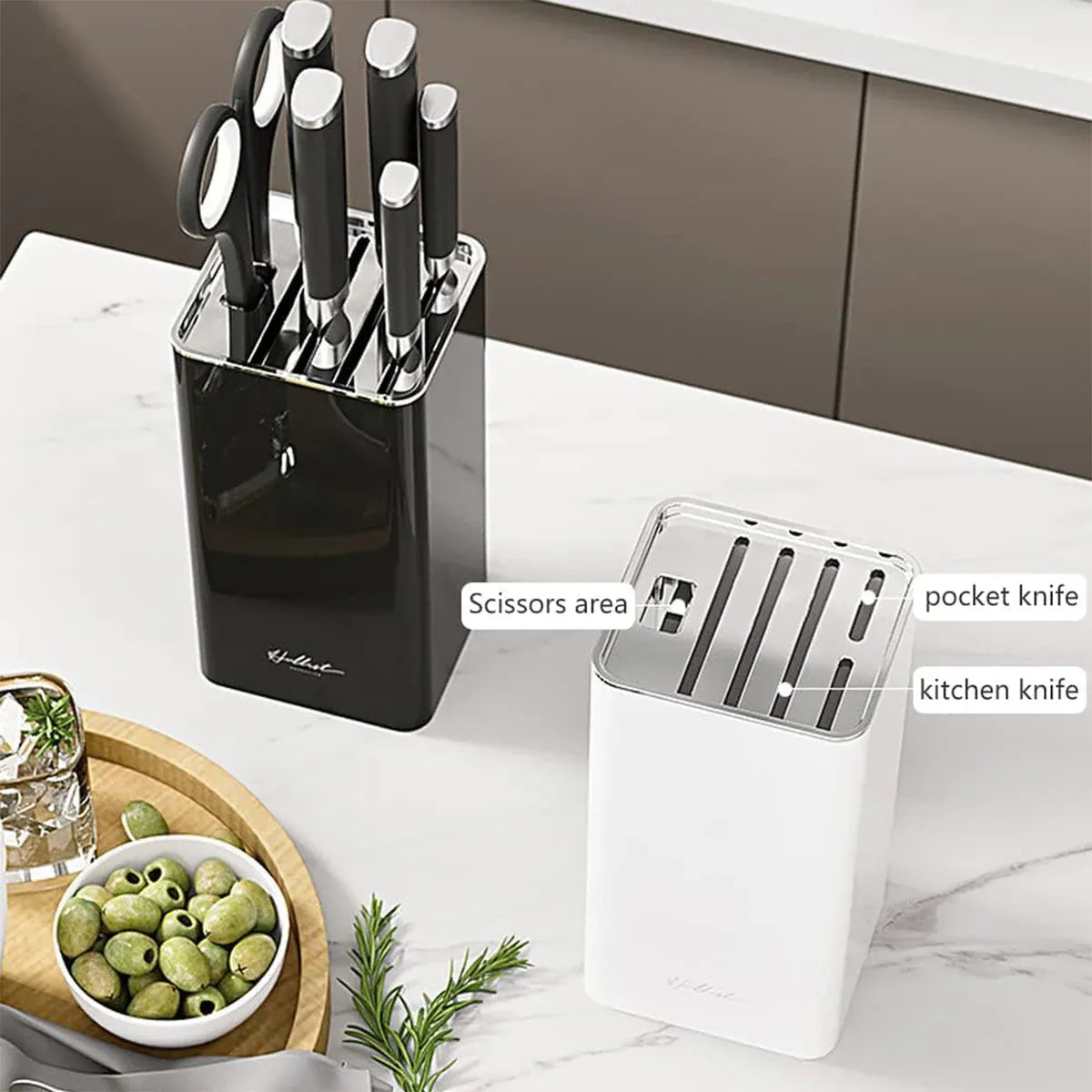 White Kitchen Knife Block Holder with Scissor Slot, Benchtop Knife Storage Rack