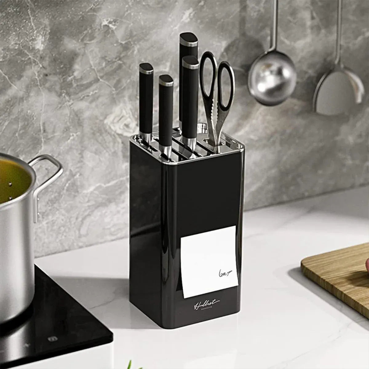 White Kitchen Knife Block Holder with Scissor Slot, Benchtop Knife Storage Rack