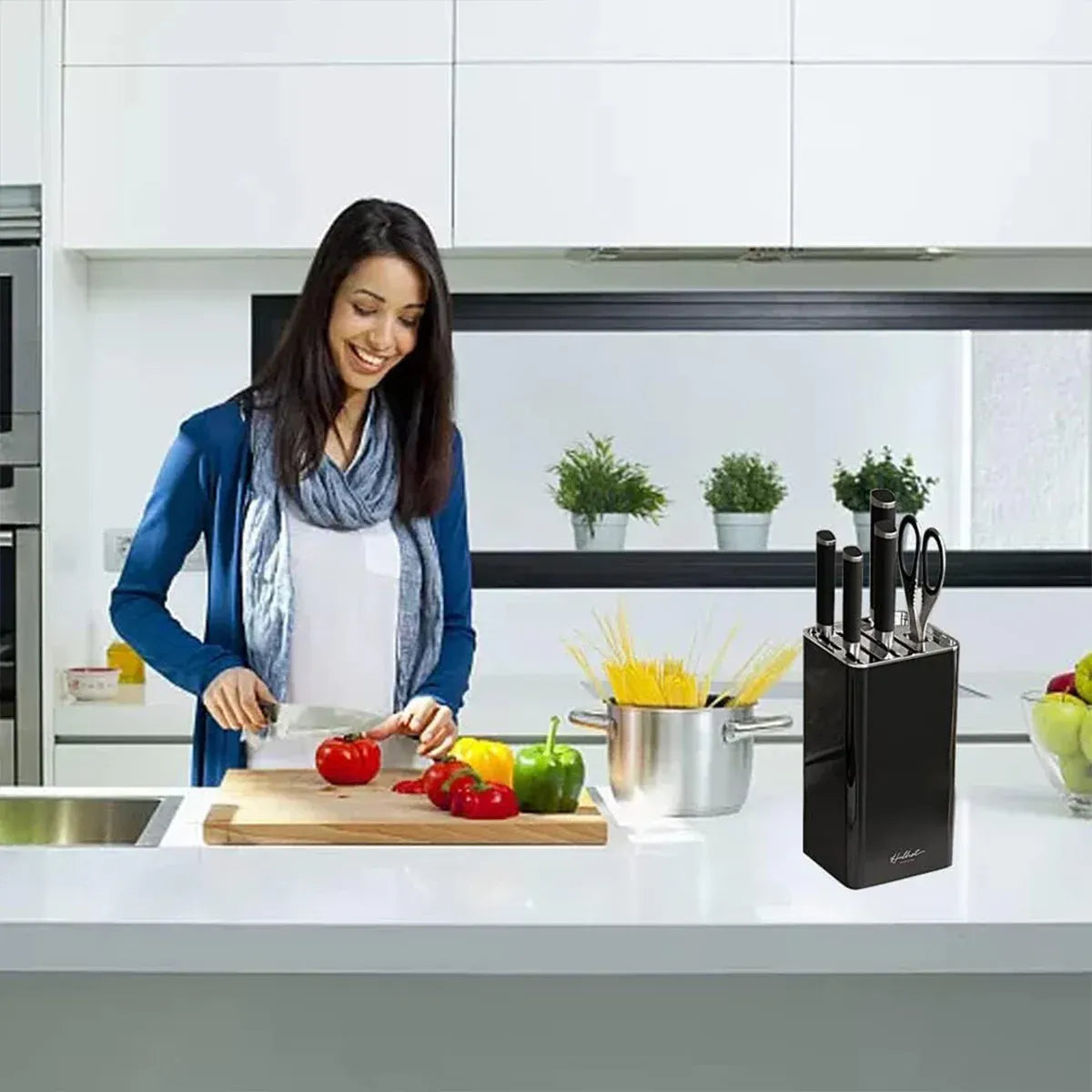 White Kitchen Knife Block Holder with Scissor Slot, Benchtop Knife Storage Rack
