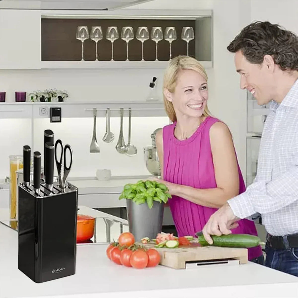 White Kitchen Knife Block Holder with Scissor Slot, Benchtop Knife Storage Rack