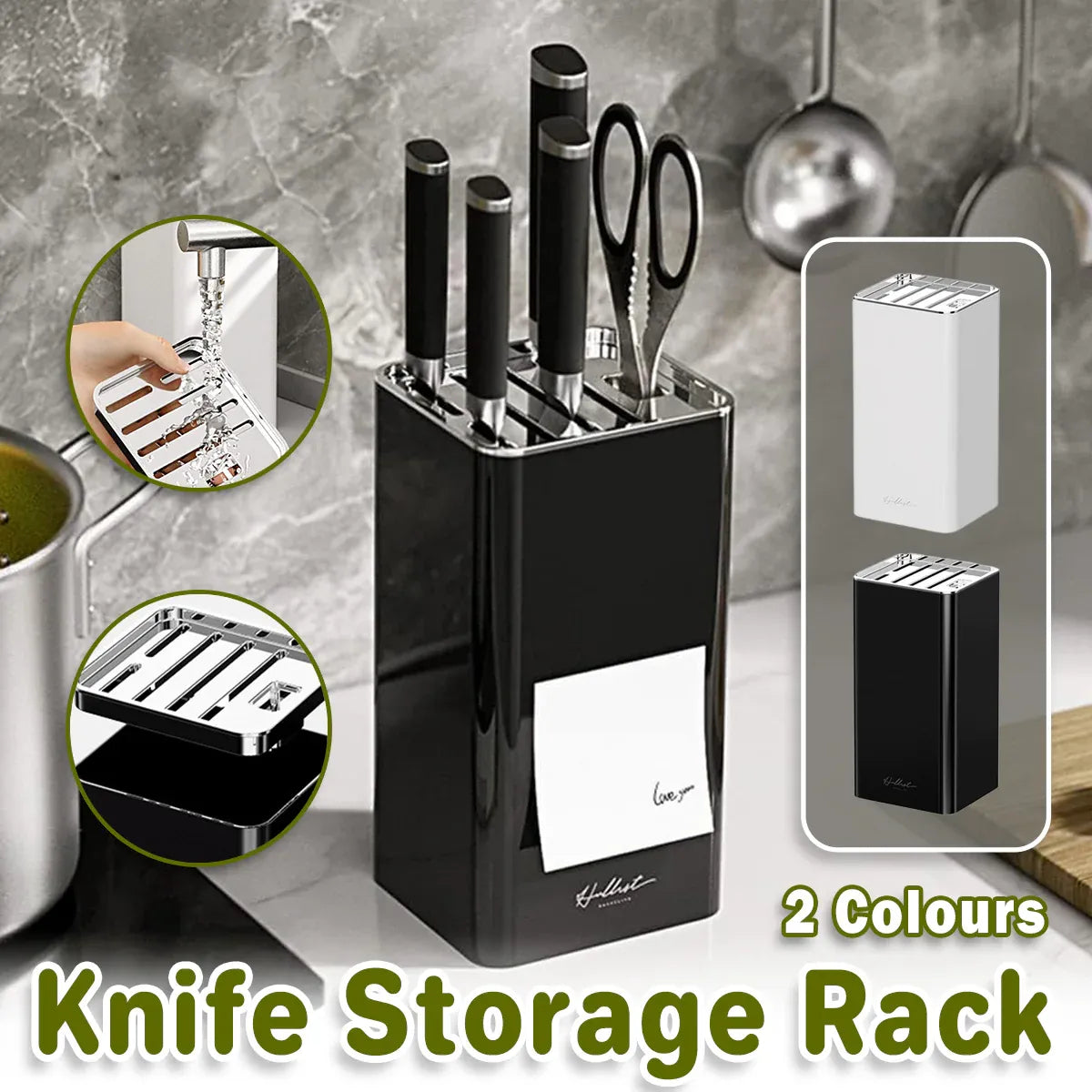 White Kitchen Knife Block Holder with Scissor Slot, Benchtop Knife Storage Rack