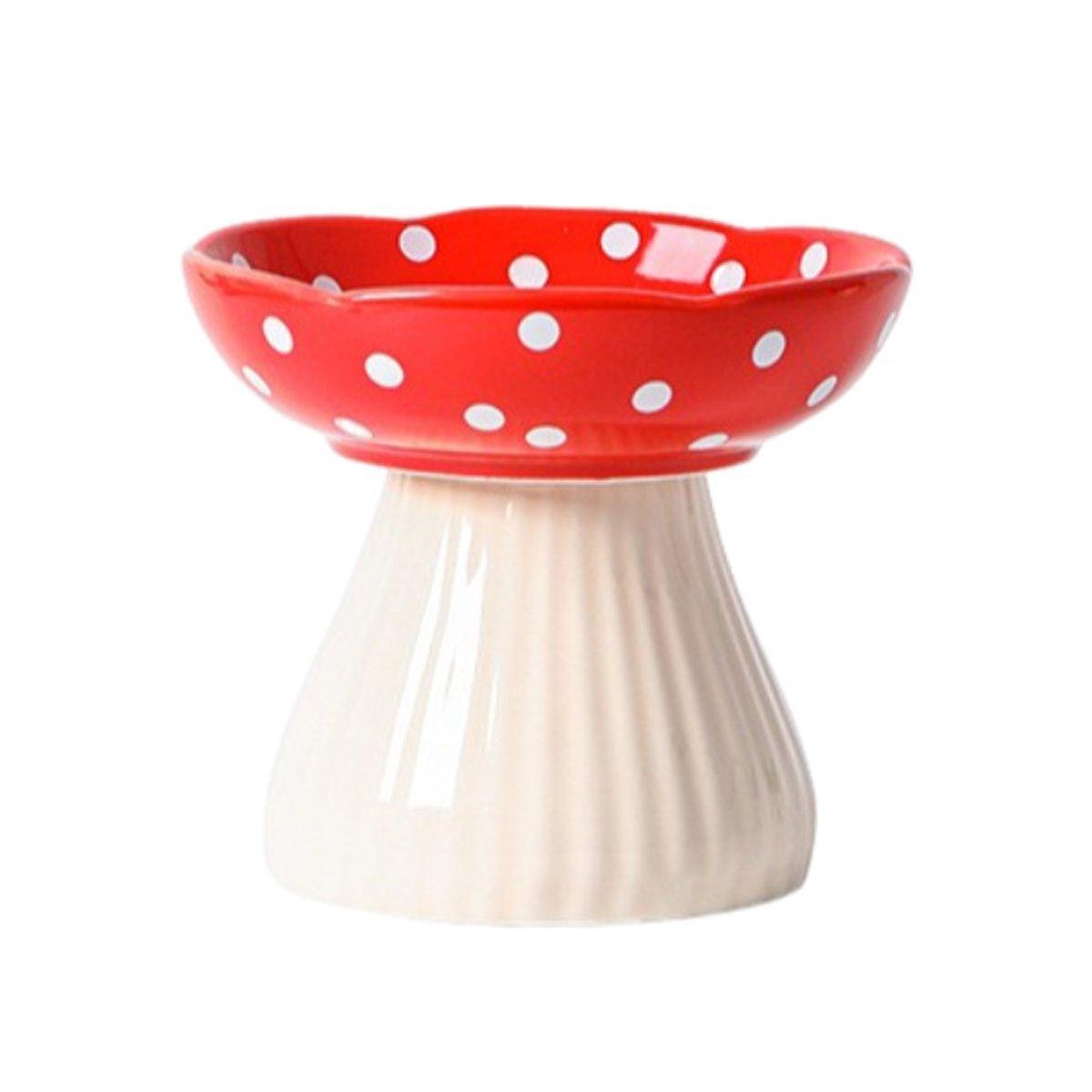 Pet Elevated Mushroom Bowl Ceramic Cat Dog Bowl Dish Food Feeder Raised Cat Bowl - Red