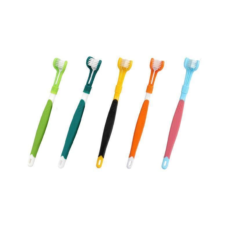 Three Sided Dog Toothbrush Pet Cat Teeth Cleaning Tool Oral Mouth Care Soft Bristle - Yellow+Black