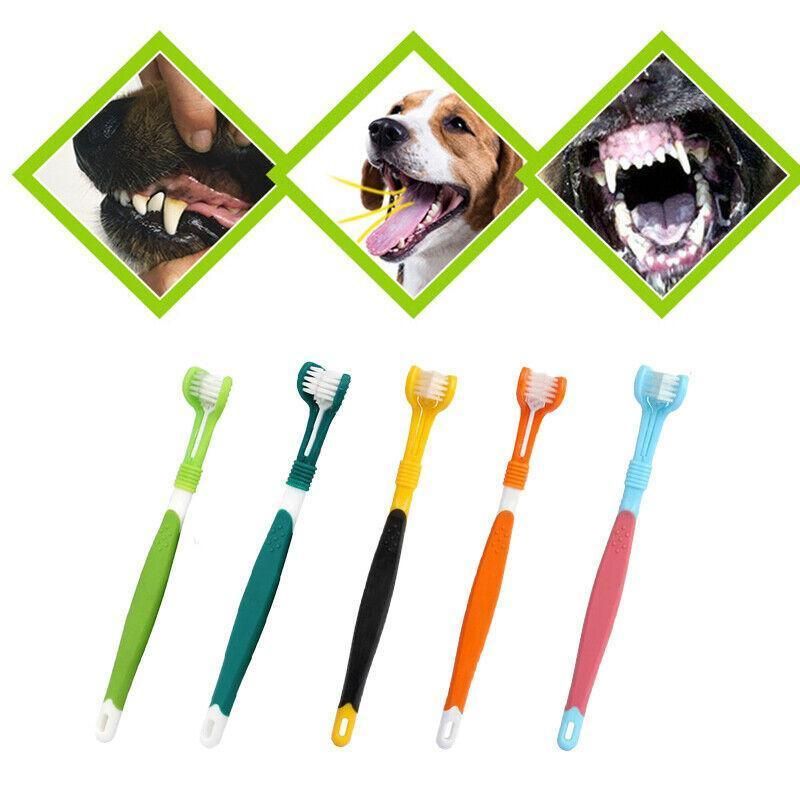 Three Sided Dog Toothbrush Pet Cat Teeth Cleaning Tool Oral Mouth Care Soft Bristle - Yellow+Black