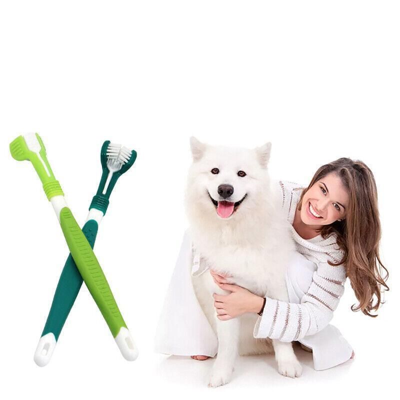 Three Sided Dog Toothbrush Pet Cat Teeth Cleaning Tool Oral Mouth Care Soft Bristle - Yellow+Black