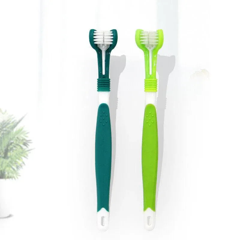Three Sided Dog Toothbrush Pet Cat Teeth Cleaning Tool Oral Mouth Care Soft Bristle - Yellow+Black