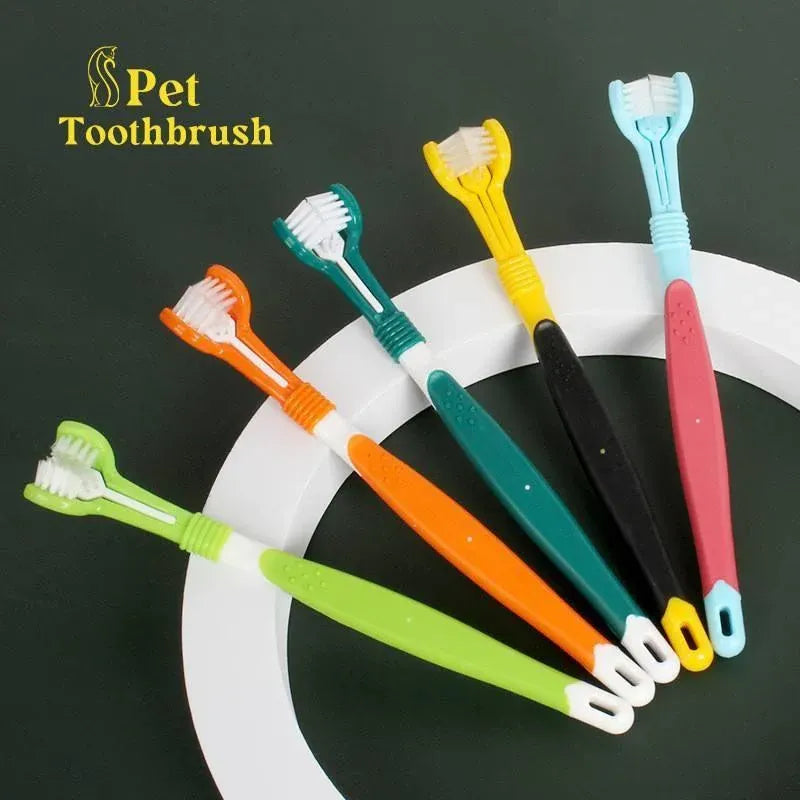 Three Sided Dog Toothbrush Pet Cat Teeth Cleaning Tool Oral Mouth Care Soft Bristle - Yellow+Black