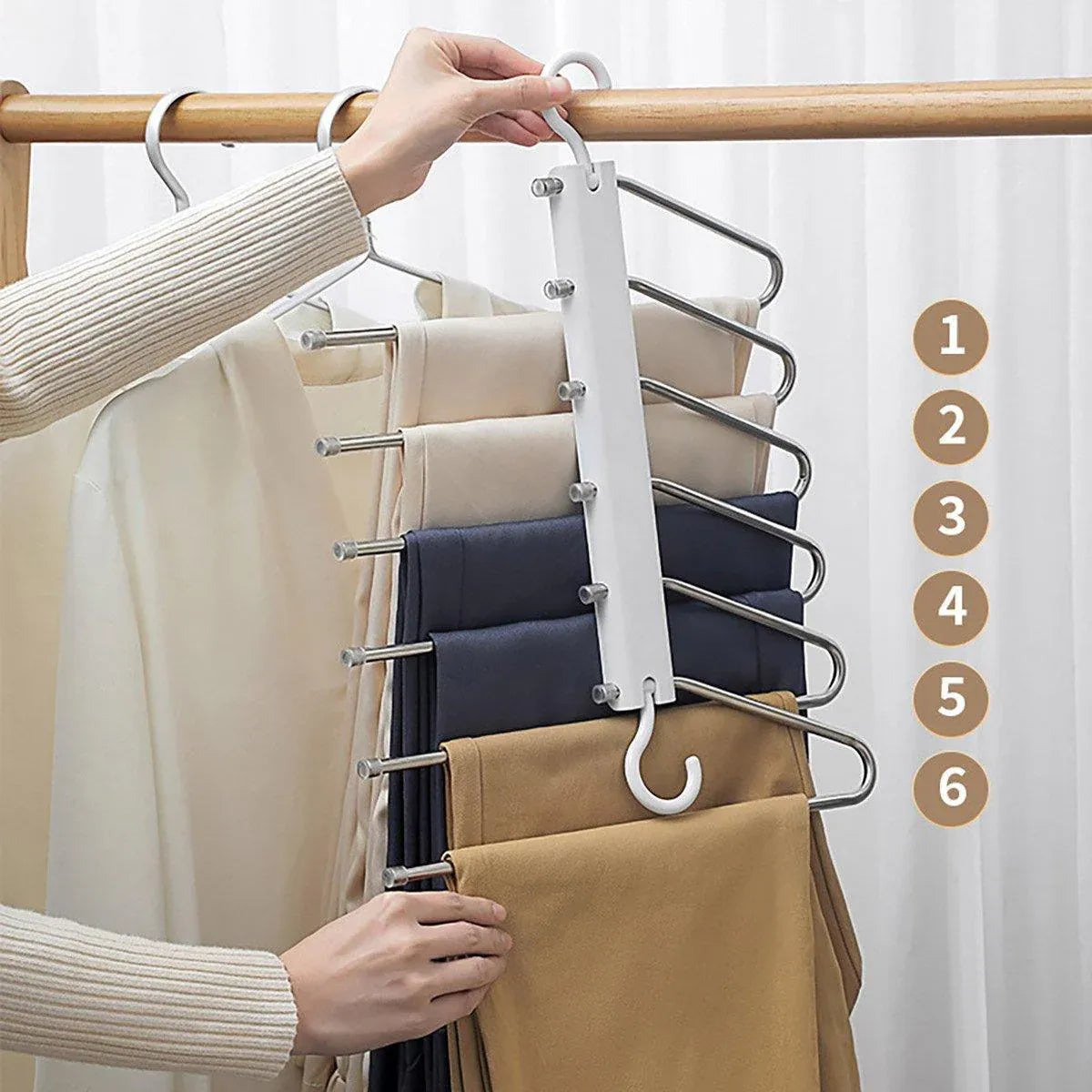 Stainless Steel Multi-Layer Pants Rack Folding Telescopic Anti-Slip Clothes Rack - Black