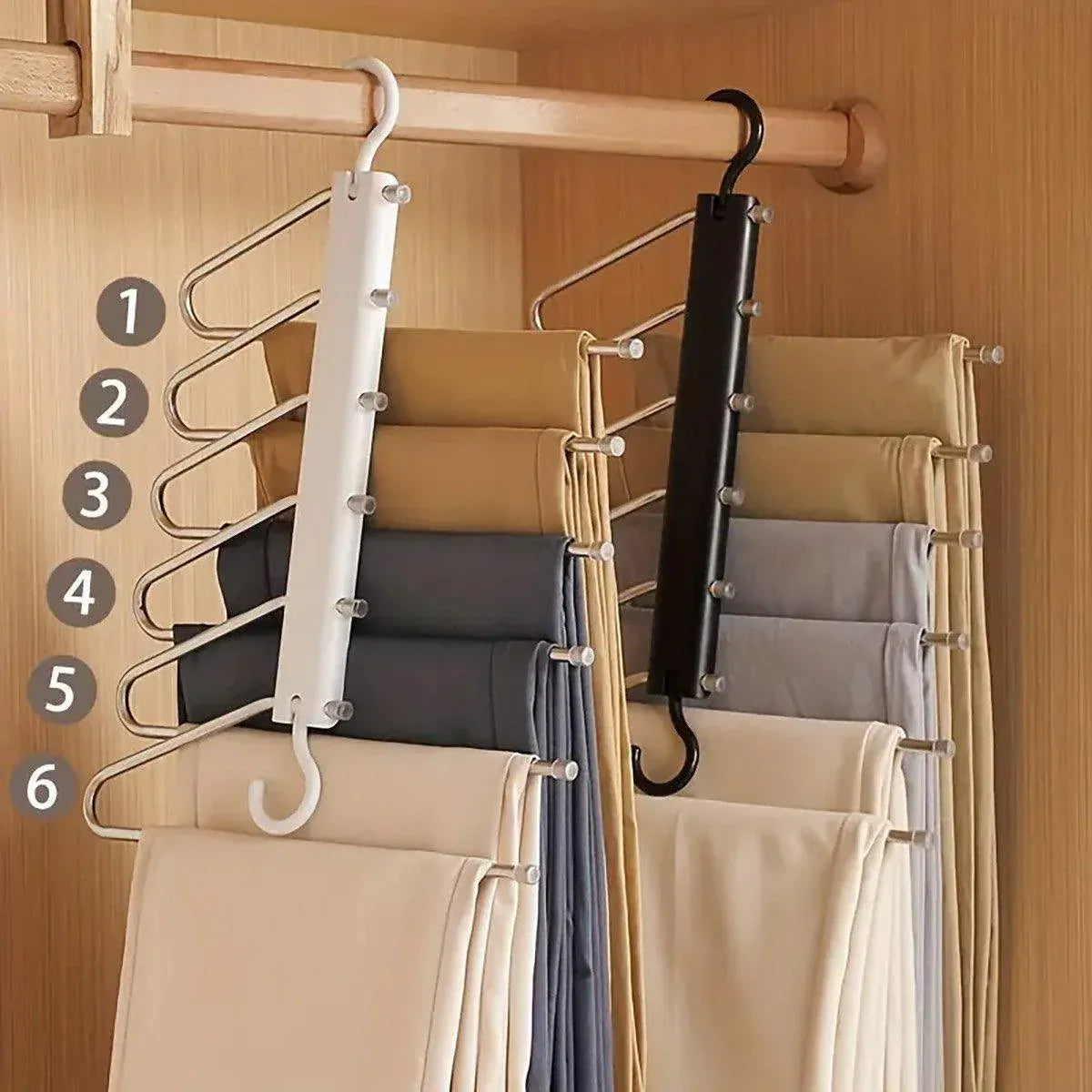 Stainless Steel Multi-Layer Pants Rack Folding Telescopic Anti-Slip Clothes Rack - Black