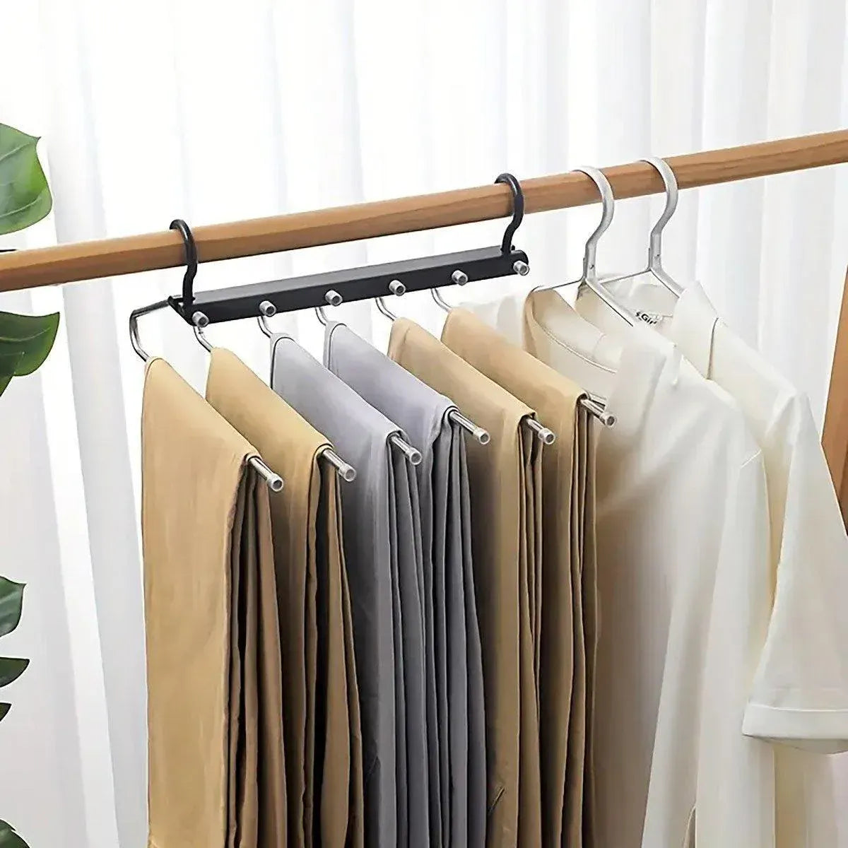 Stainless Steel Multi-Layer Pants Rack Folding Telescopic Anti-Slip Clothes Rack - Black