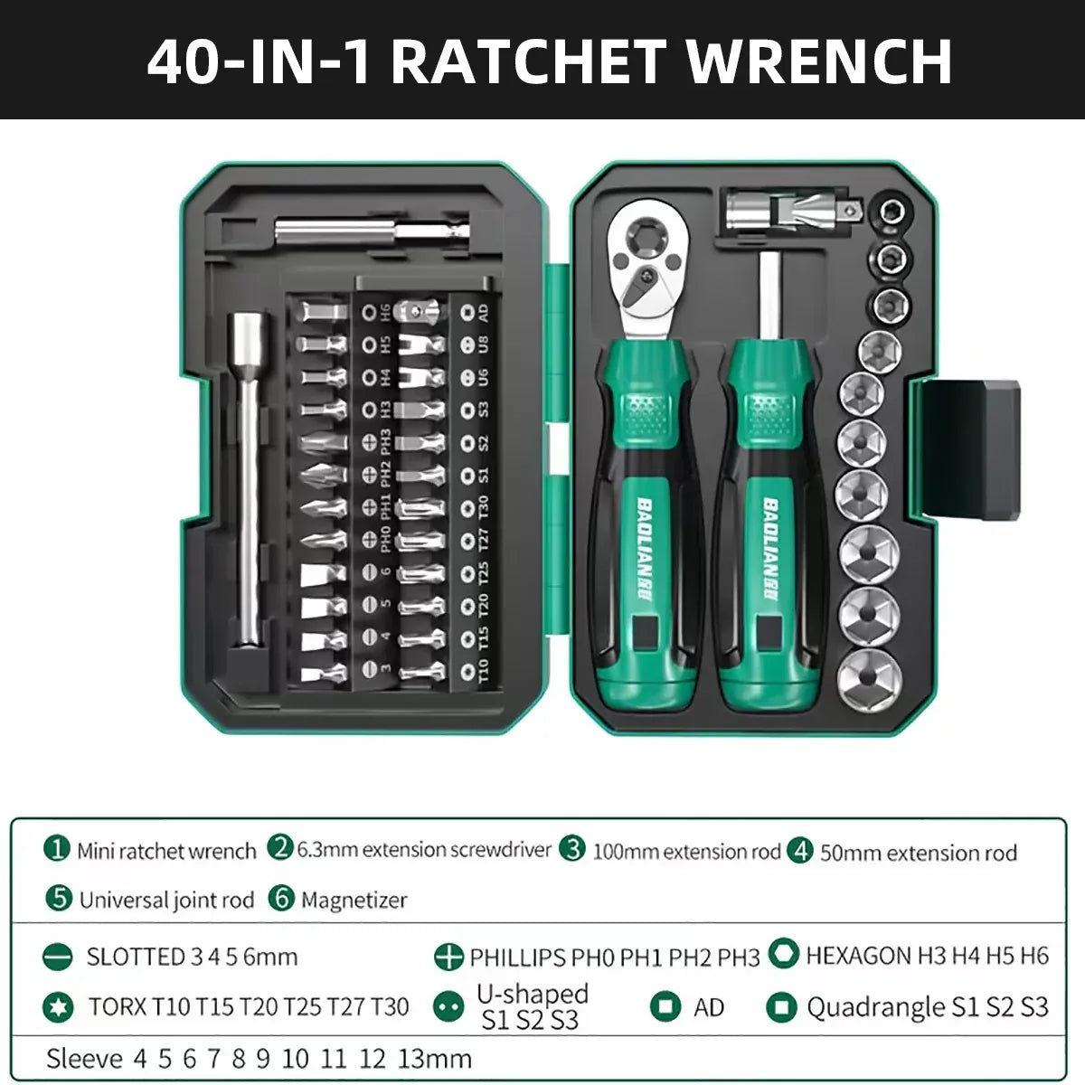 40 in 1 Ratchet Wrench and Screwdriver Kit For Mechanic DIY Car Repair Tool Set