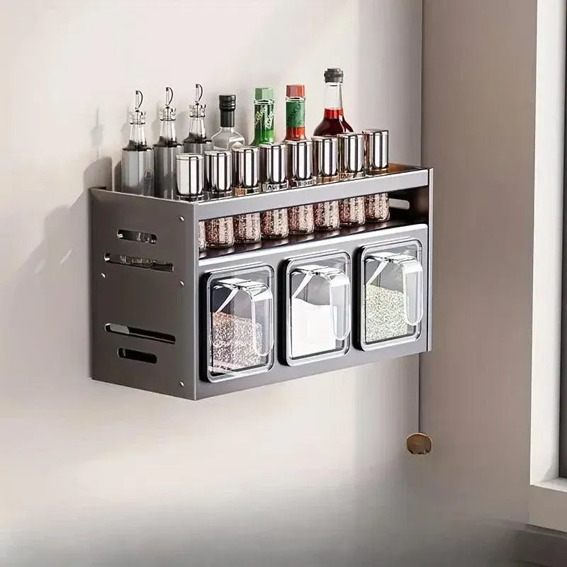 Wall Mounted Kitchen Spice Box Shelf Multifunctional Organiser for Herbs Spices - 3-Grids