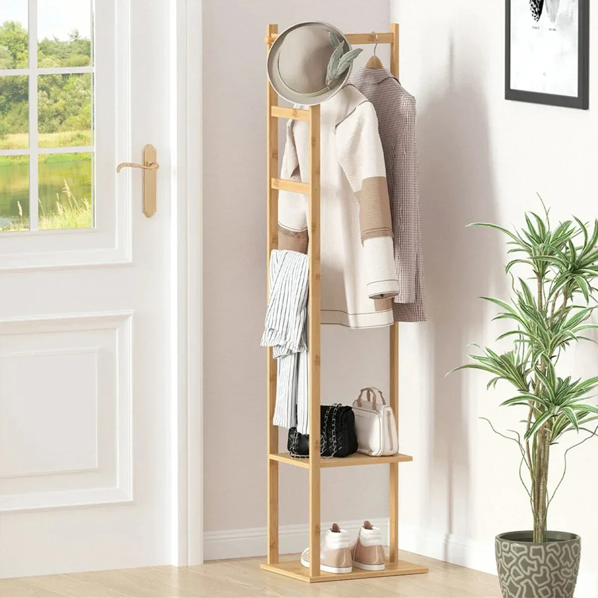Wooden Rack Freestanding Clothes Hanger Storage Stand Multifunctional Organizer