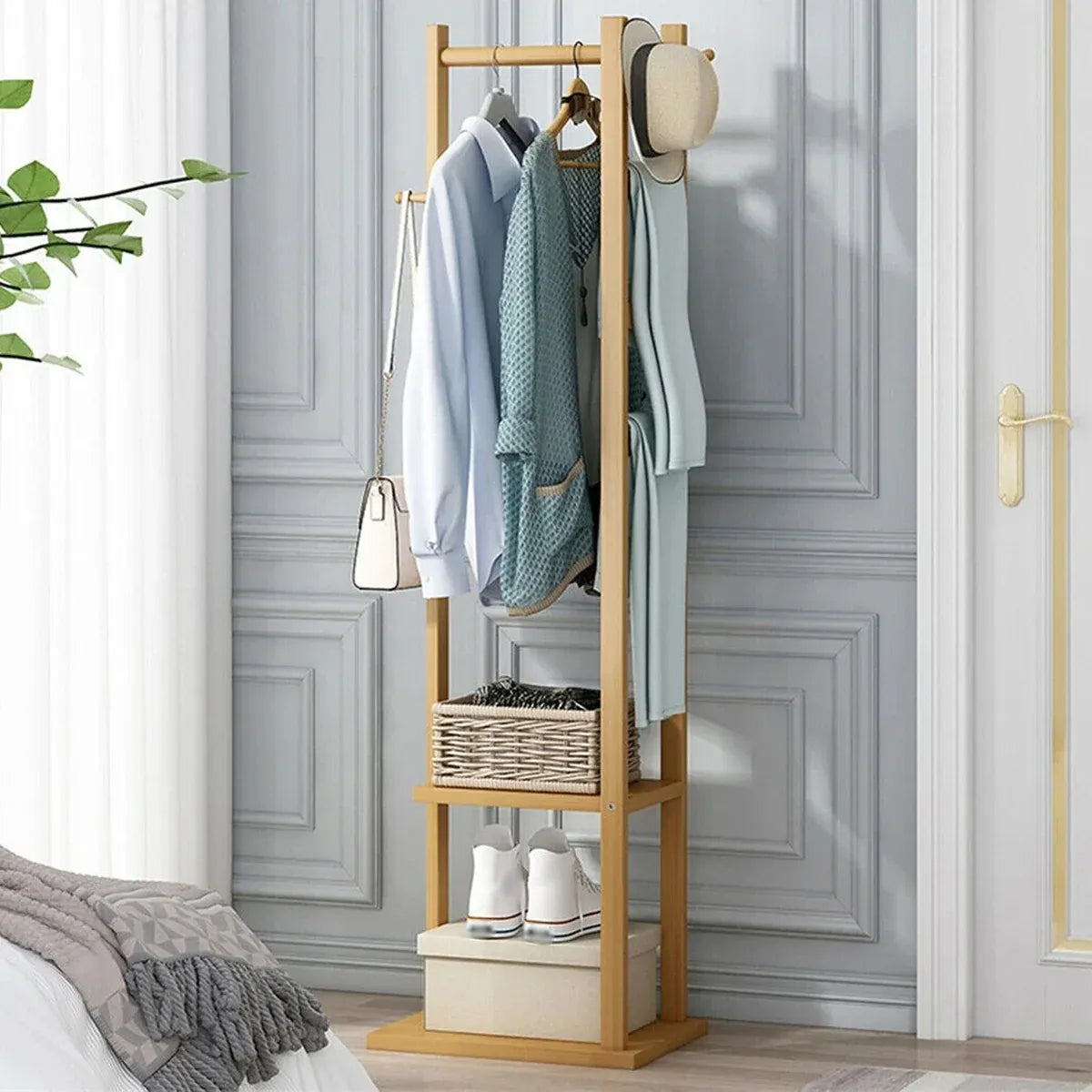 Wooden Rack Freestanding Clothes Hanger Storage Stand Multifunctional Organizer