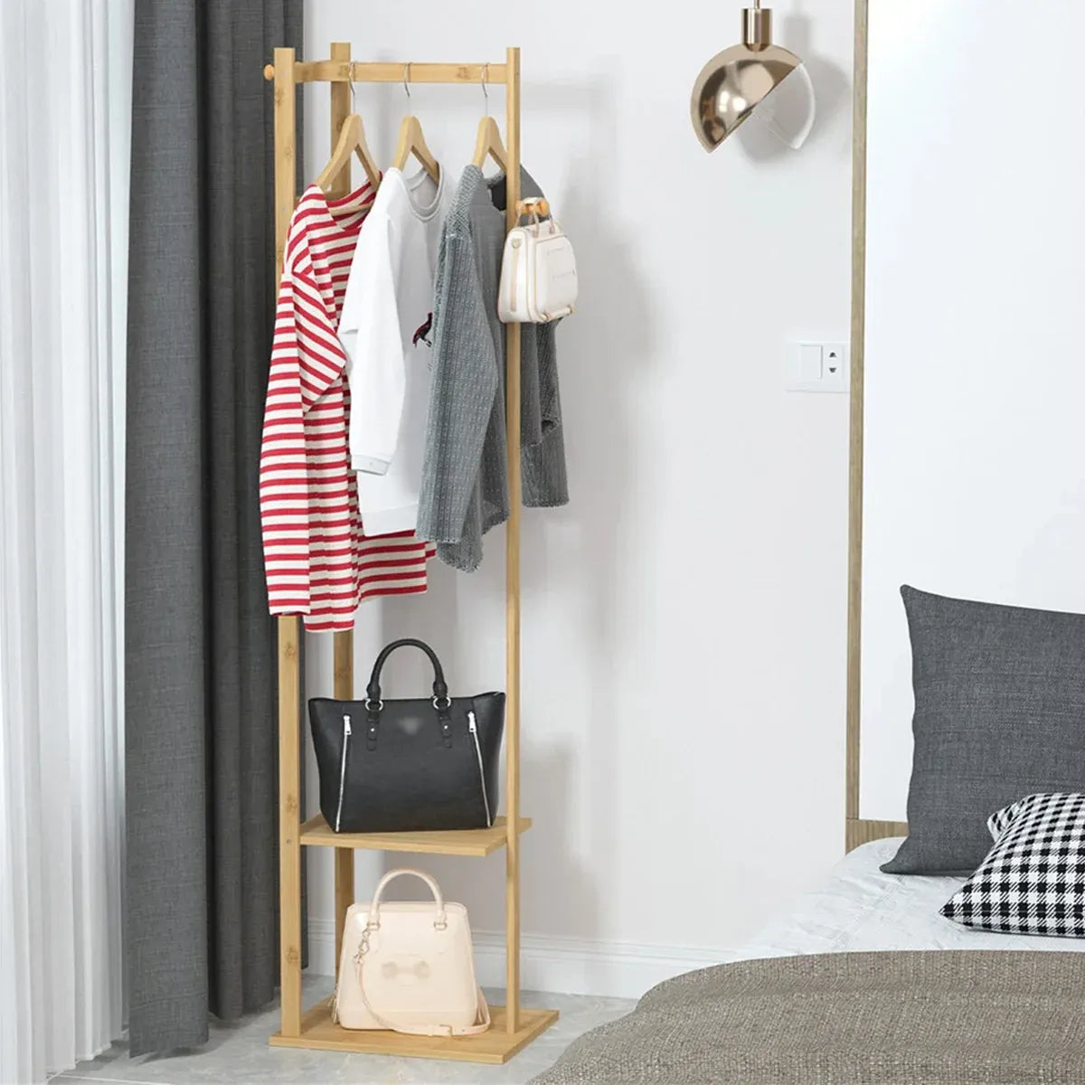 Wooden Rack Freestanding Clothes Hanger Storage Stand Multifunctional Organizer