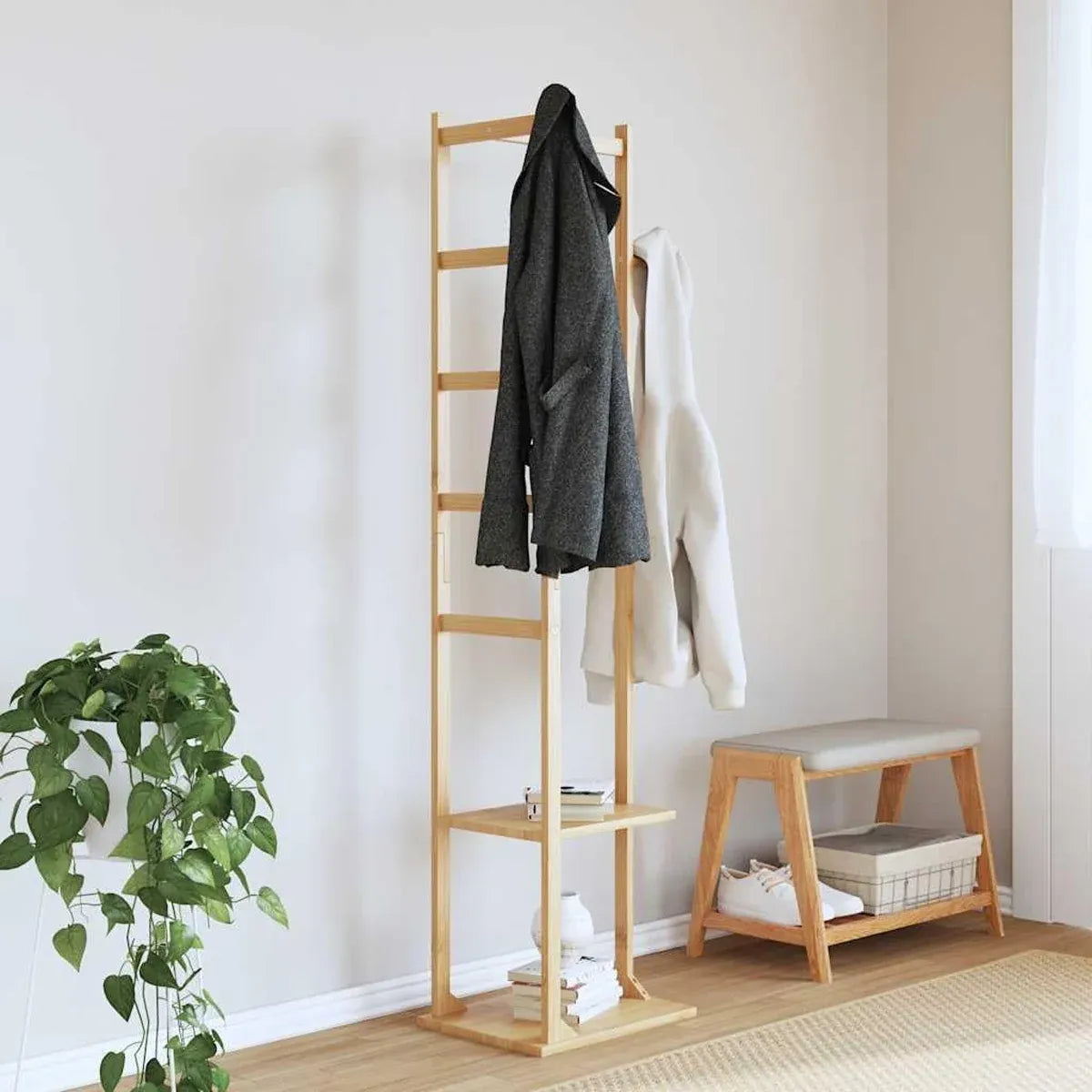 Wooden Rack Freestanding Clothes Hanger Storage Stand Multifunctional Organizer