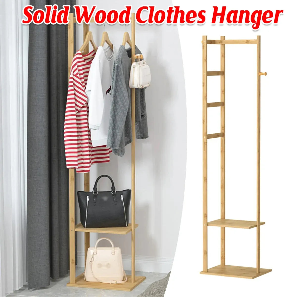 Wooden Rack Freestanding Clothes Hanger Storage Stand Multifunctional Organizer