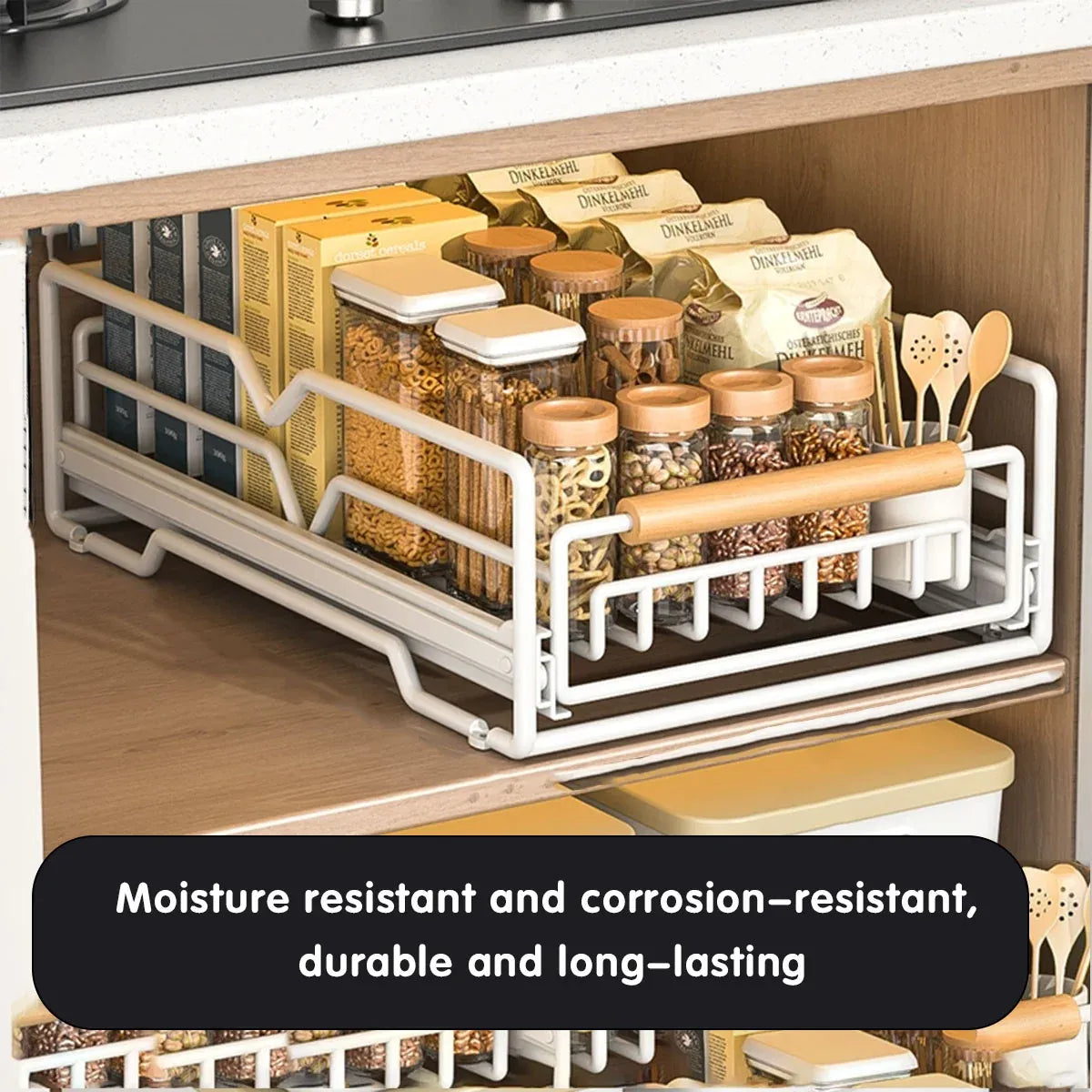 Pull Out Kitchen Storage Rack Basket Drawer Dish Organizer Slide Cabinet Shelf - White