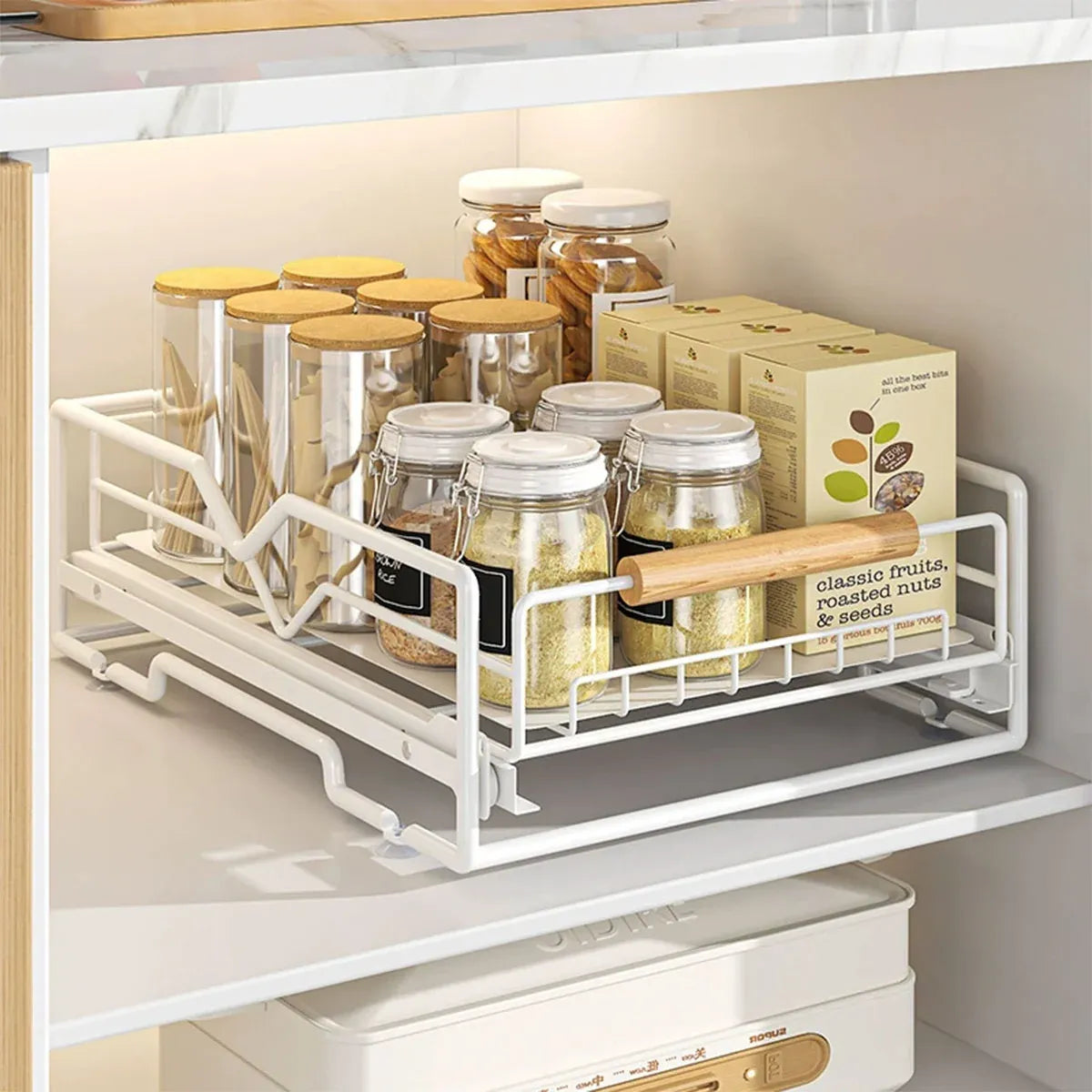 Pull Out Kitchen Storage Rack Basket Drawer Dish Organizer Slide Cabinet Shelf - White