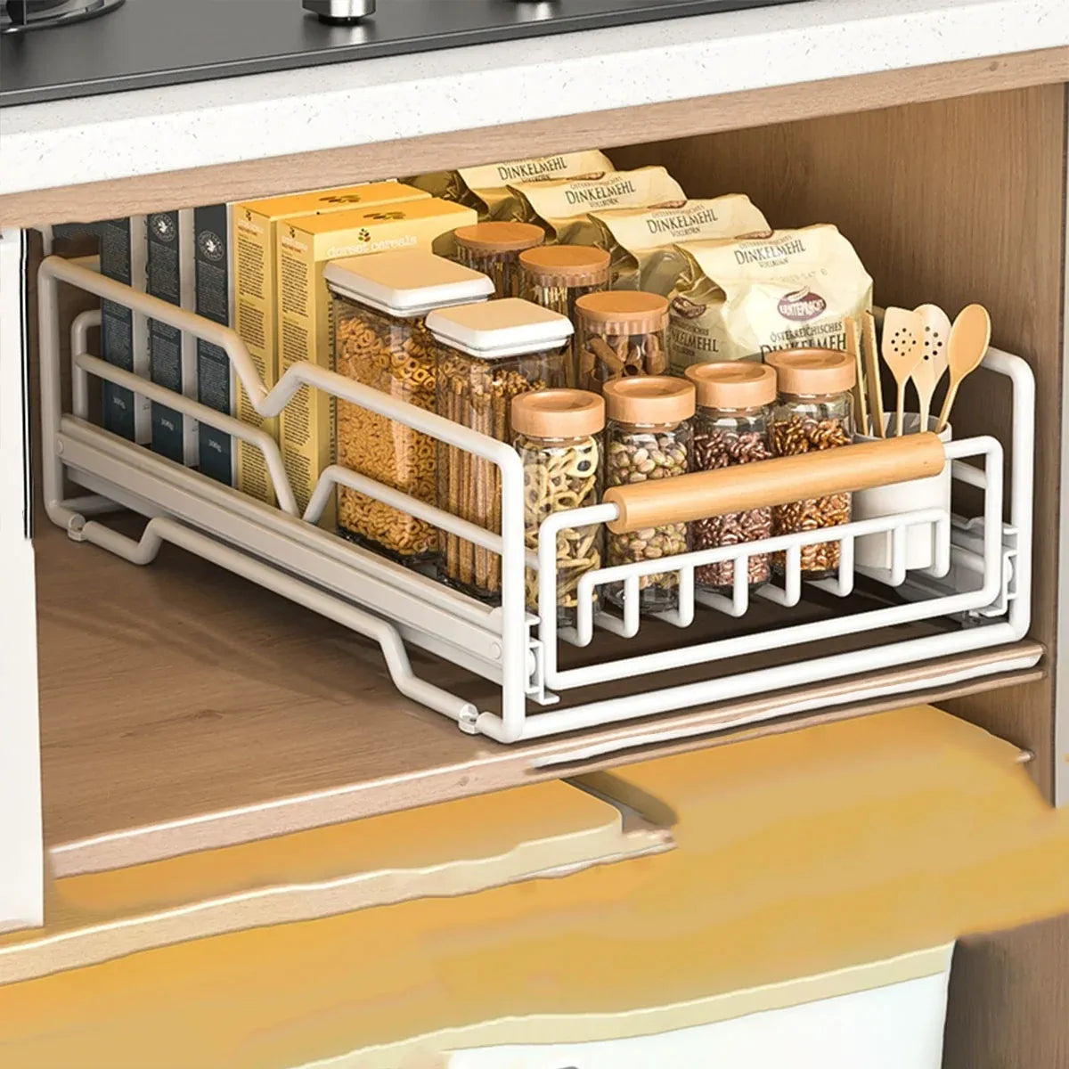 Pull Out Kitchen Storage Rack Basket Drawer Dish Organizer Slide Cabinet Shelf - White