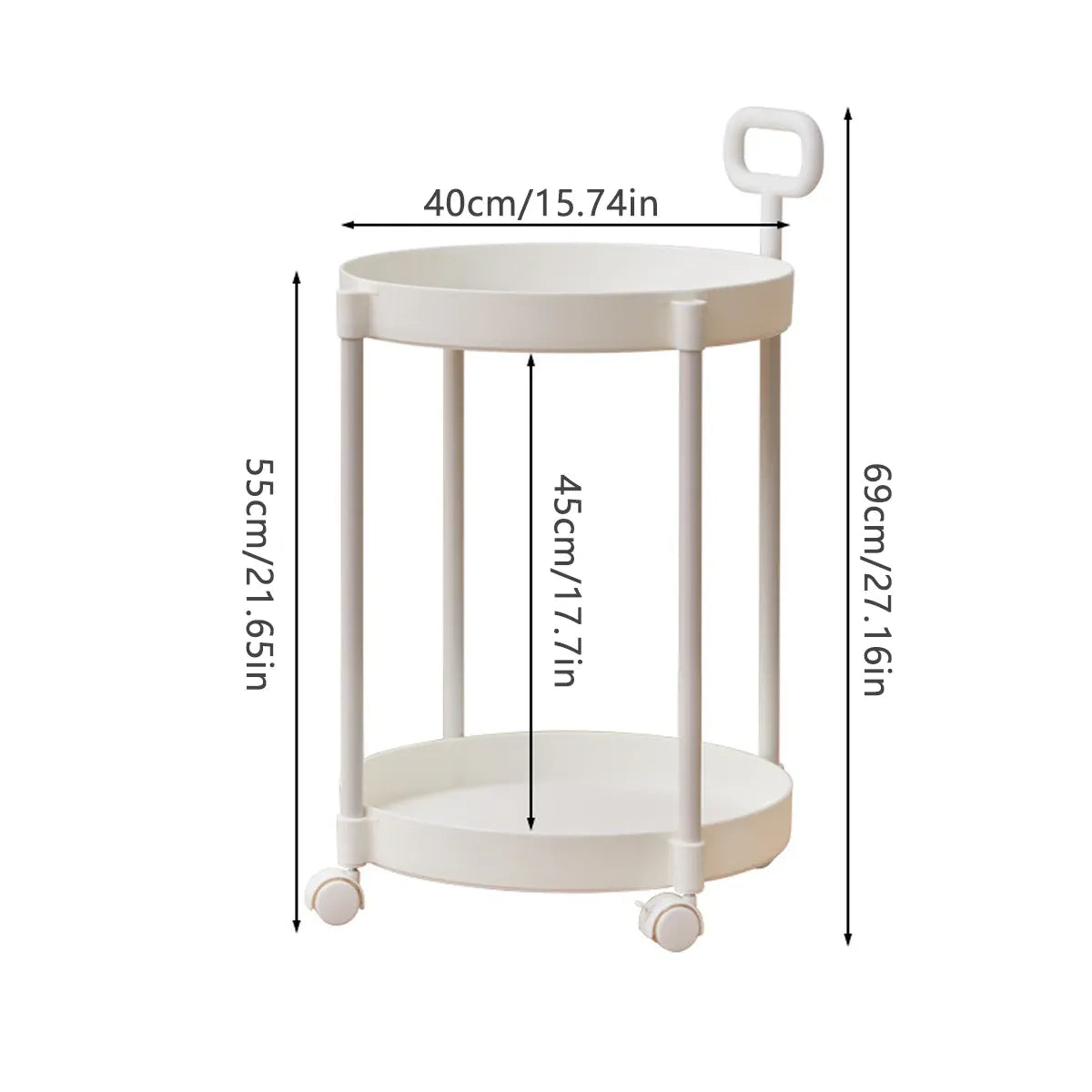 Cream Round Side Table on Wheels, 2-Tier Mobile Bedside & Sofa End Table 40cm