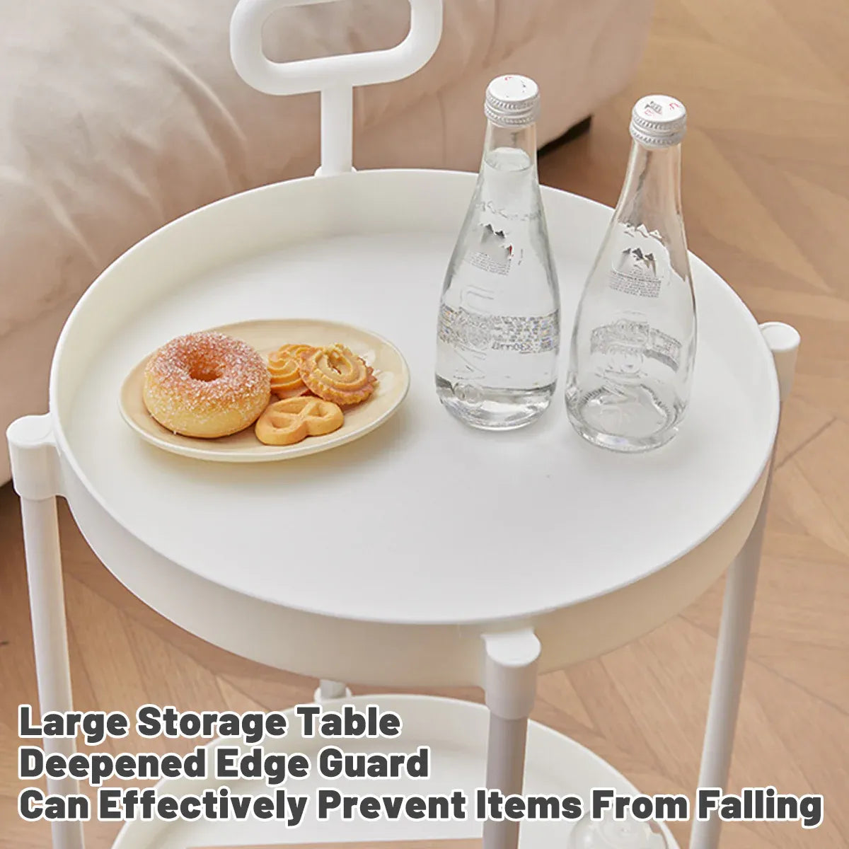 Cream Round Side Table on Wheels, 2-Tier Mobile Bedside & Sofa End Table 40cm
