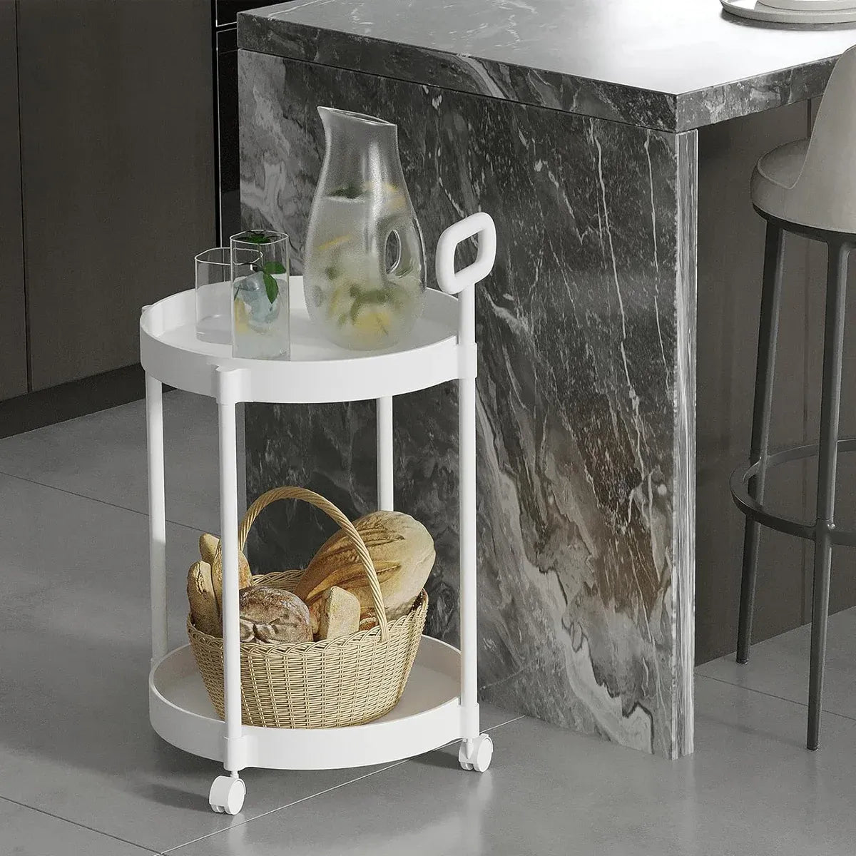 Cream Round Side Table on Wheels, 2-Tier Mobile Bedside & Sofa End Table 40cm