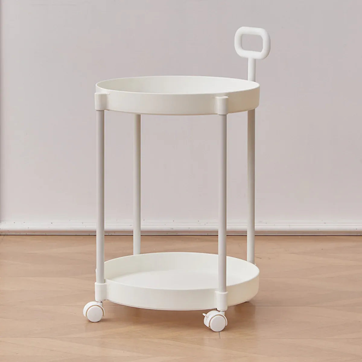 Cream Round Side Table on Wheels, 2-Tier Mobile Bedside & Sofa End Table 40cm