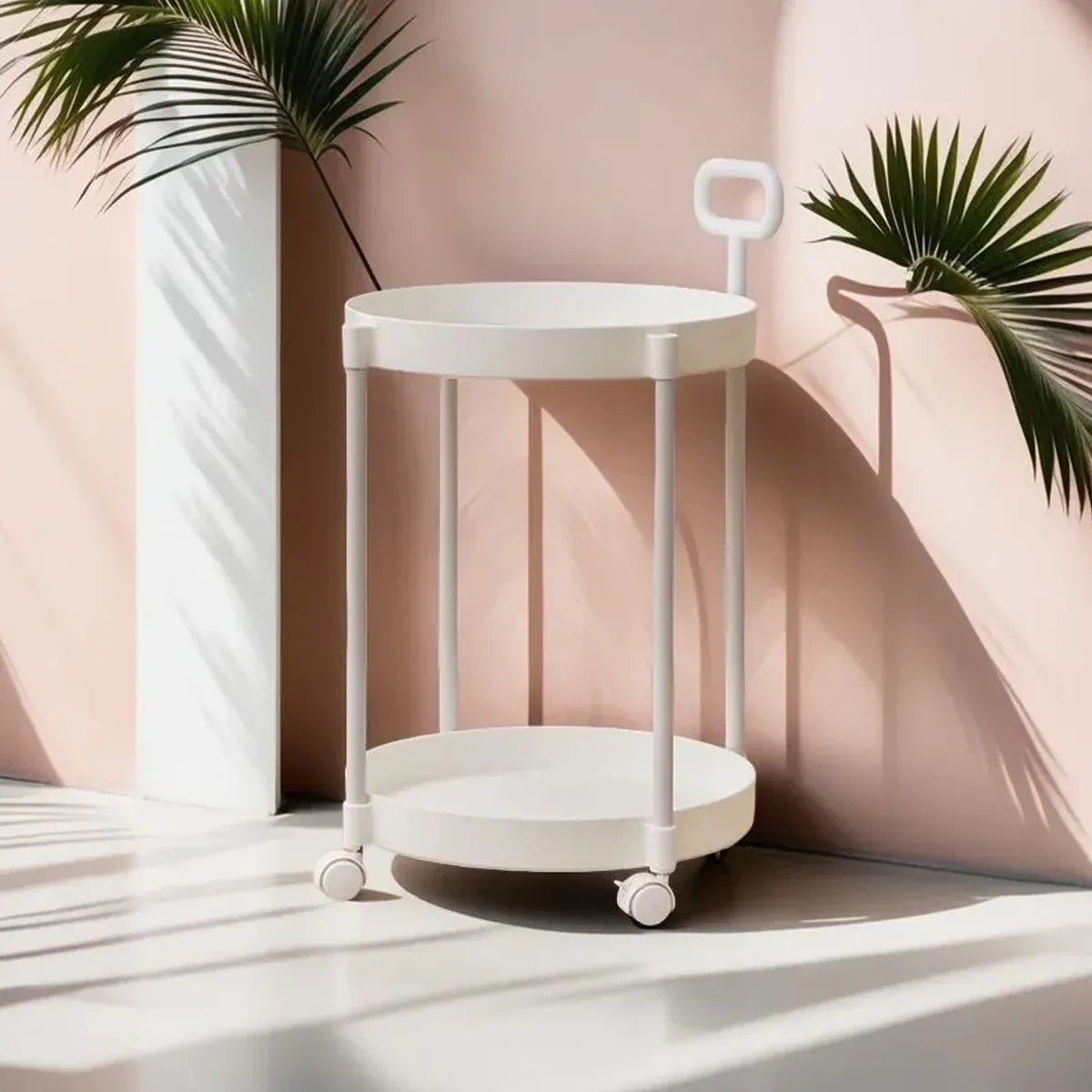 Cream Round Side Table on Wheels, 2-Tier Mobile Bedside & Sofa End Table 40cm