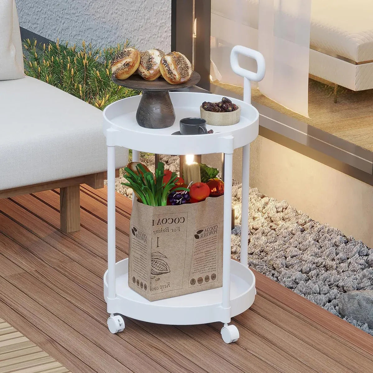 Cream Round Side Table on Wheels, 2-Tier Mobile Bedside & Sofa End Table 40cm