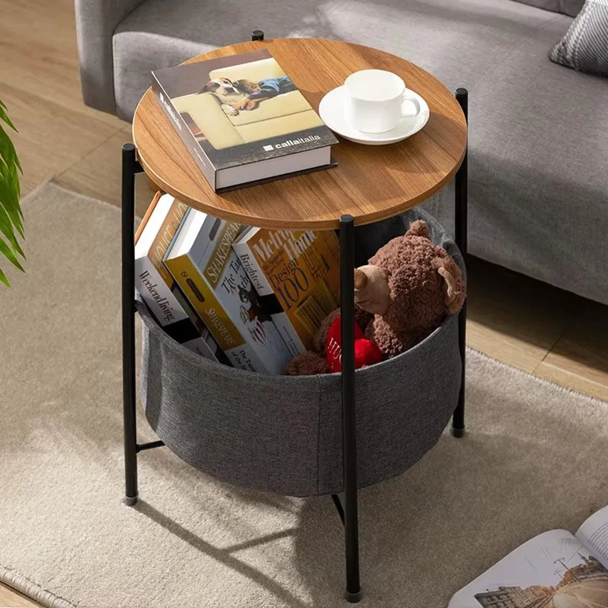Round Side Table Bedside Storage Basket Modern Home Table with Storage Organizer