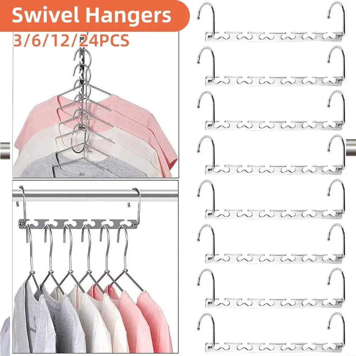 12 Pack Space Saving Clothes Hangers Metal Swivel Hook Wardrobe Organiser Rack